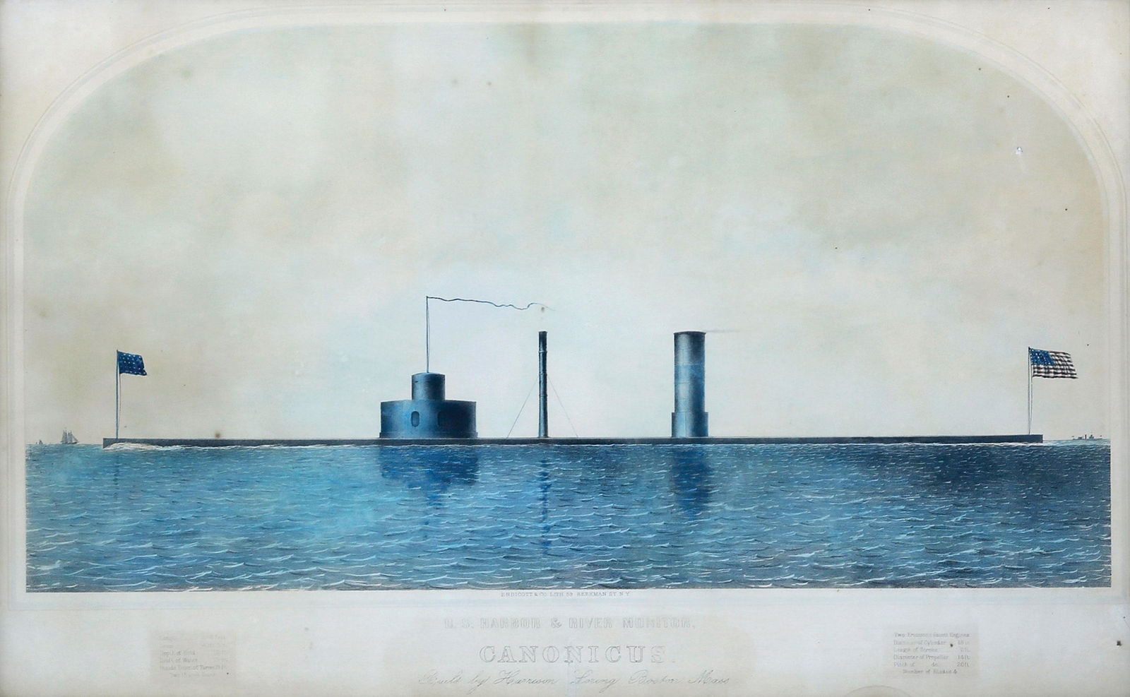 Endicott, Monitor maritime lithograph: ENDICOTT & Co. (Mid-19th Century). U.S. Harbor & River Monitor, "Canonicus", built by Harrison Loring, Boston, Mass. Lithograph with original hand color. New York: Ednicott & Co, c. 1860's. 15 1/2" x