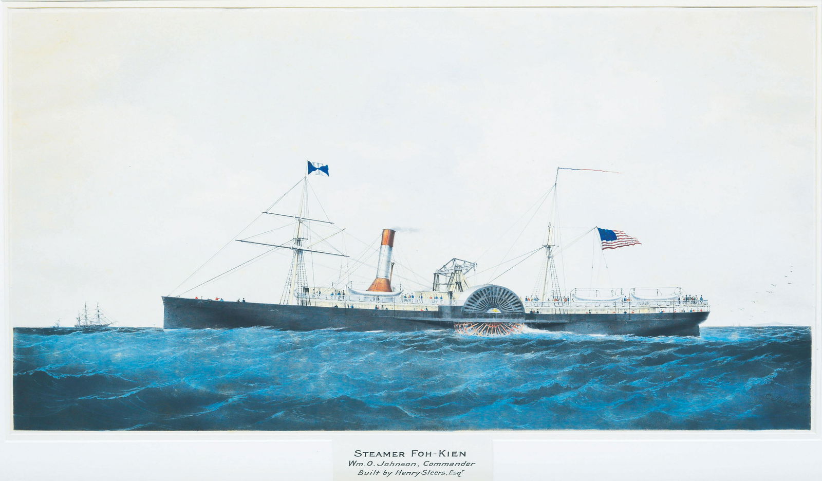 Endicott, Foh Lien maritime lithograph: ENDICOTT & Co. (Mid-19th Century). Steamer Foh-Kien / Wm. O. Johnson, Commander / Built by Henry Steers, Esqr. Lithograph with original hand color. New York: Endicott & Co., c. 1863. 16 1/2" x 29" vis