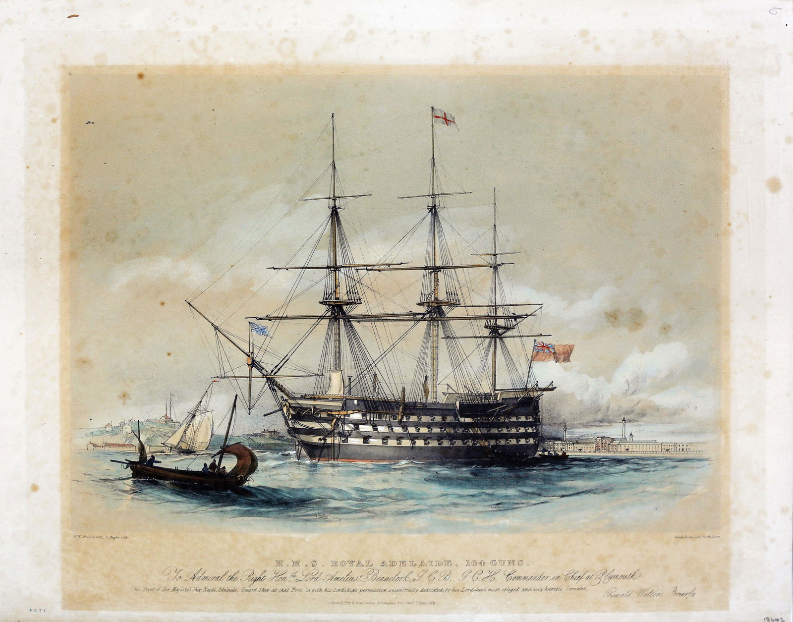 Haghe, Royal Adelaide maritime lithograph: HAGHE, Louis (1806-1885), after BRIERLY, Oswald Waters (1817-1894). H.M.S. Royal Adelaide, 104 Guns. Tinted lithograph with original hand color. London: Edmund Fry & Son, c. 1839. 14" x 18" sheet. HMS
