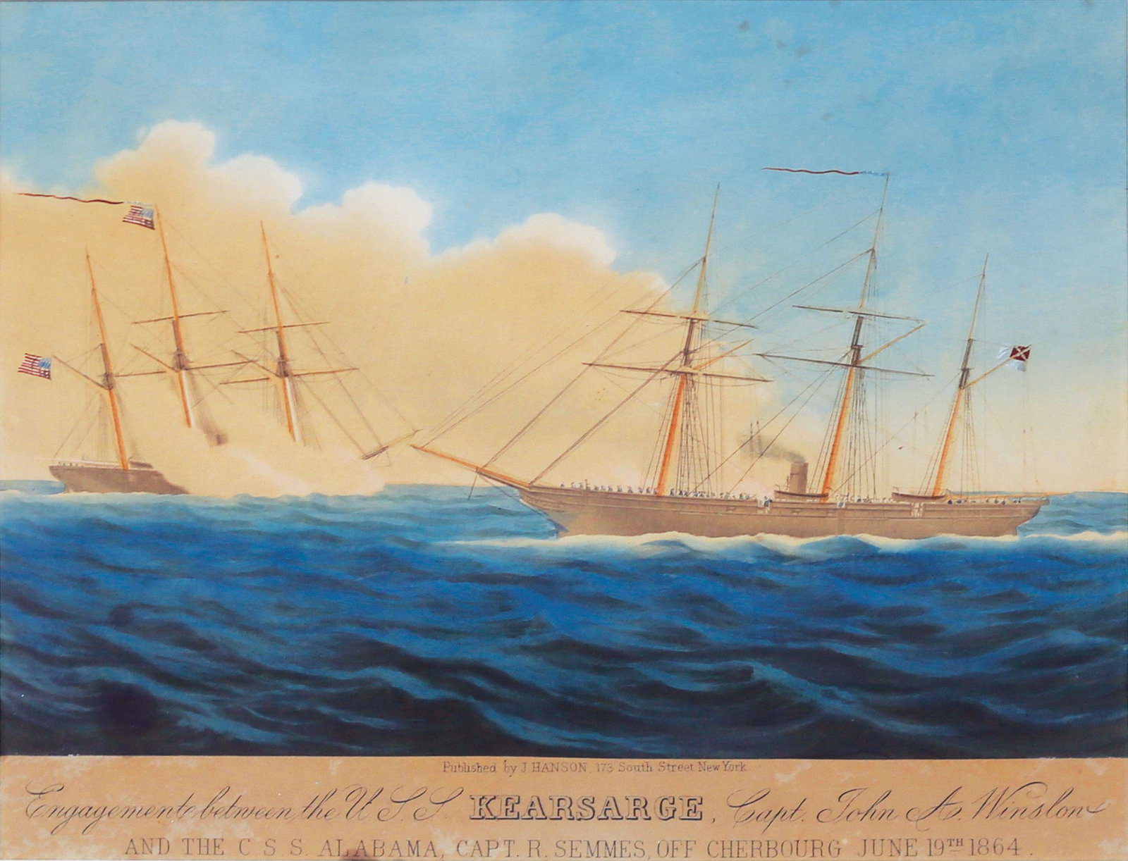 Hanson, Engagement b/t Kearsage & Alabama: HANSON, J. (19th-century). Engagement between the U.S.S. Kearsarge, Capt. John A. Winston / and the C.S.S. Alabama, Capt. R. Semmes, off Cherbourg, June 19th, 1864. Lithograph with original hand color