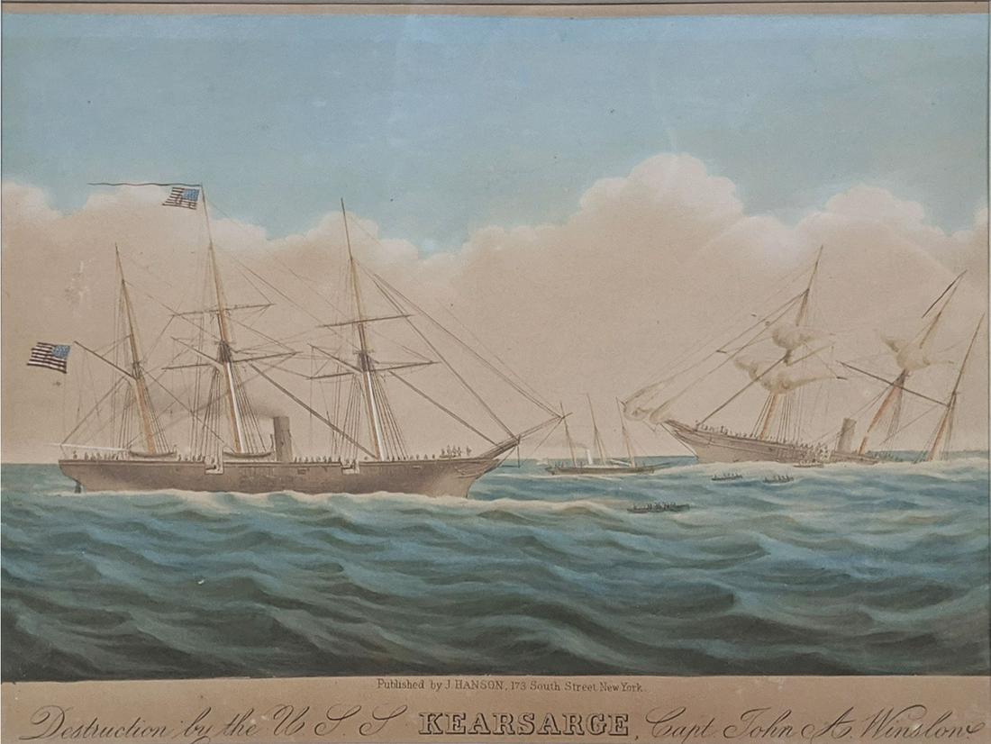 Hanson, Destruction of Kearsage by Alabama: HANSON, J. (19th-century). Destruction of the U.S.S. Kearsarge, Capt. John A. Winston / and the C.S.S. Alabama, Capt. R. Semmes, off Cherbourg, June 19th, 1864. Lithograph with original hand color. Ne