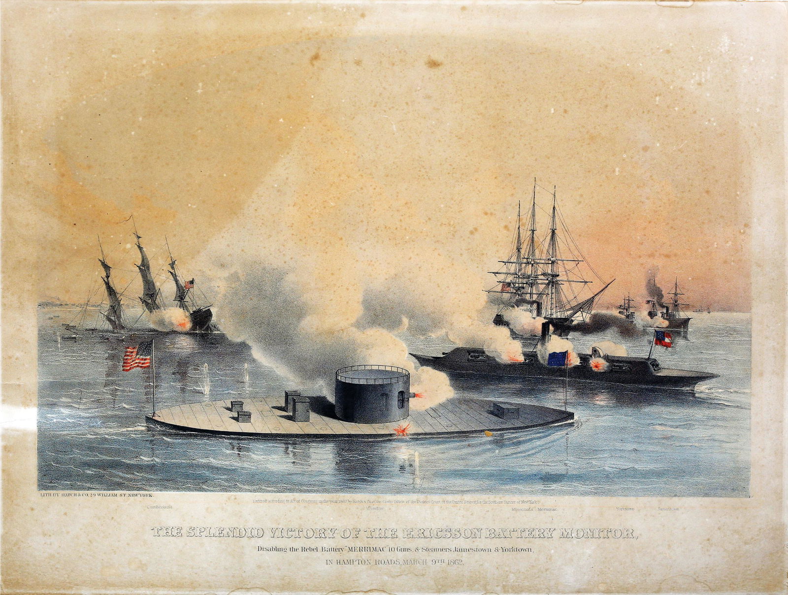 Hatch, Ericsson Battery Monitor maritime lithograph: HATCH & Co. (Mid-19th Century). The Splendid Victory of the Ericsson Battery Monitor / Disabling the Rebel Battery "MERRIMAC" 10 Guns & Steamers, Jamestown & Yorktown / In Hampton Roads, March 9th 186
