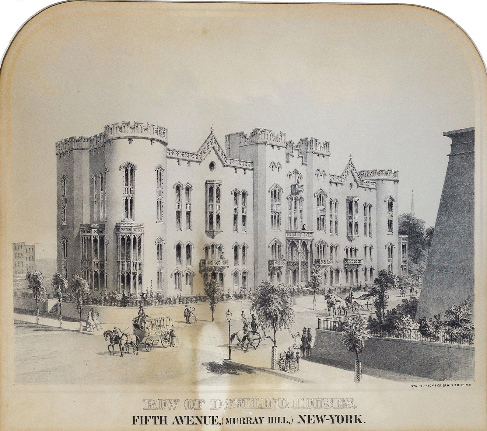 Hatch, Dwelling Houses Fifth Avenue: HATCH & Co. (Mid-19th Century). Row of Dwelling Houses / Fifth Avenue, Murray Hill, New York. Tinted Lithograph. New York: Hatch & Co., c. 1850. 13" x 16 1/4" visible, 21" x 24" framed. RARE. Descript