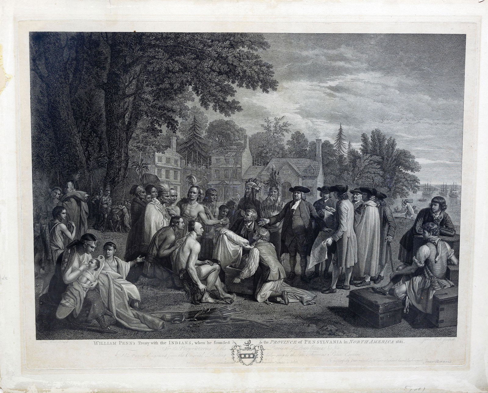 Hall, Penn: HALL, John (1739 - 1797), after WEST, Benjamin (1738 - 1820). William Penn's Treaty with the Indians, when he founded the Province of Pensylvania in North America 1681. Engraving. London: John Boydell