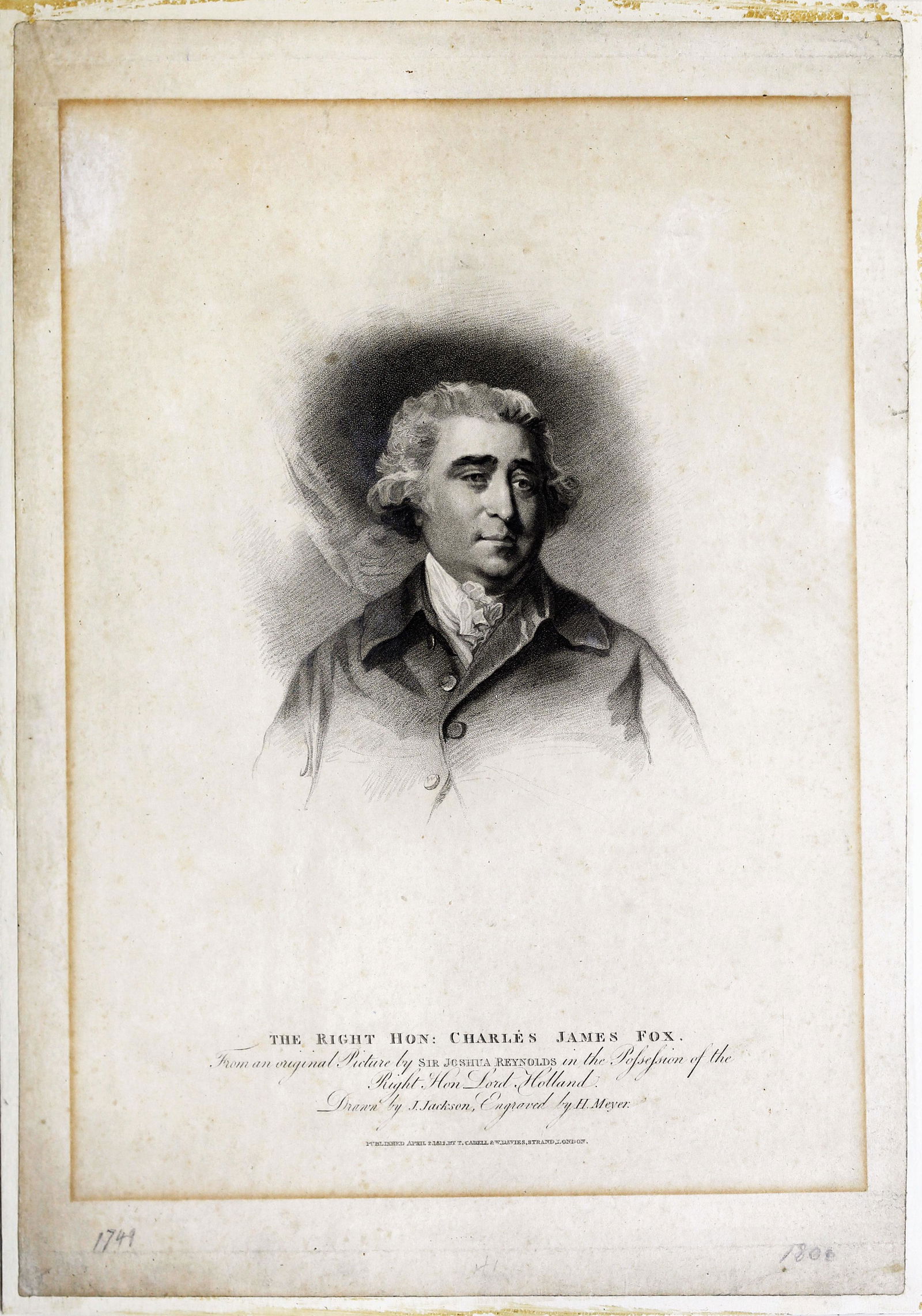 Jackson, Charles James Fox: JACKSON, J. The Right Hon. Charles James Fox. Engraving. London: T. Cadell & W. Davies c. 1812. 16" x 12" sheet. Prominent British Whig Statesman. Became a prominent and staunch opponent of George III