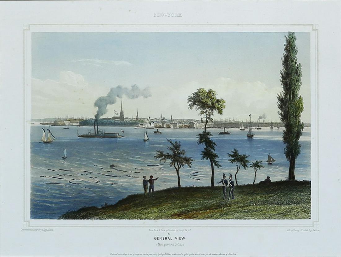 Kollner, View from Governor: KOLLNER, August (1813-1906) New York - General View from Governors Island. Tinted lithograph with original hand color. New York: Goupil & Co., 1850. 10" x 13 1/2" visible, 16 1/2" x 20" framed. From "