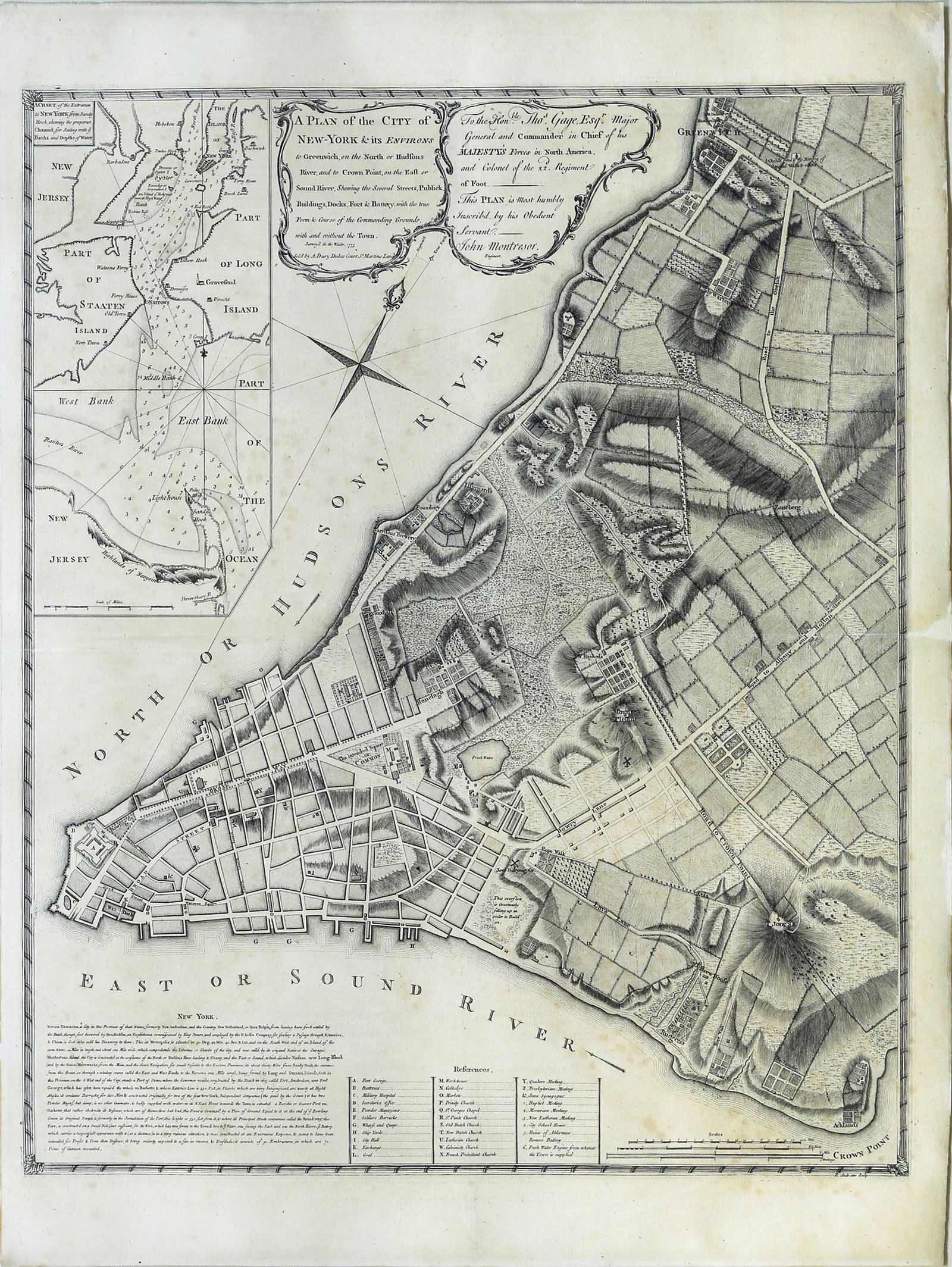 Montresor, Plan of City of New York: MONTRESOR, John (1736-1799). A Plan of the City of New-York & its Environs Survey'd in the Winter, 1775. Engraved map by P. Andrews. London: A. Dury, 1775. 29 1/4" x 22" sheet, 40" x 33" framed. RARE 