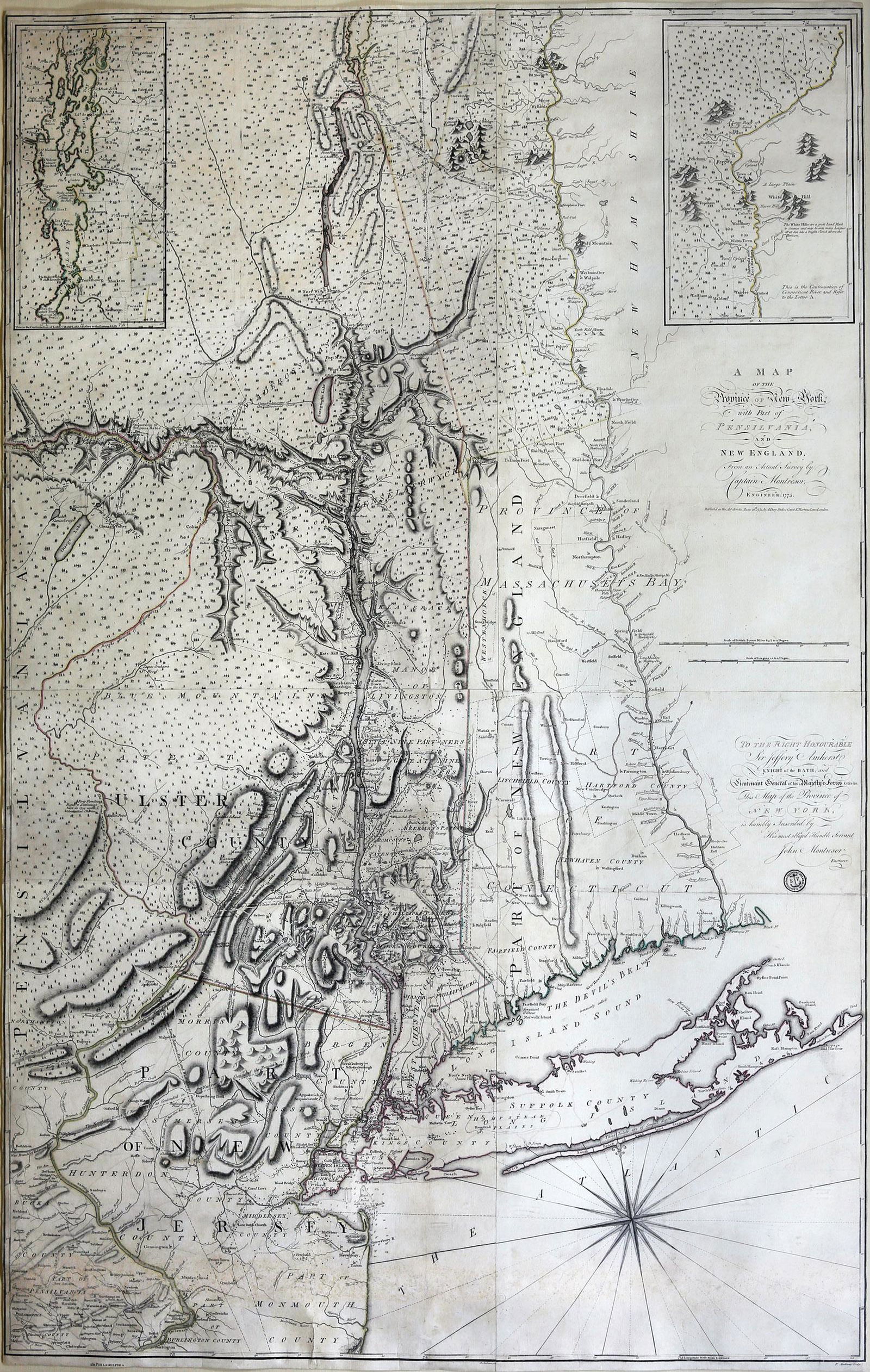 Montresor, Map of Province of New York: MONTRESOR, John (1736-1799). A Map of the Province of New York with Part of Pensilvania and New England from an actual survey by Captain Montresor, Engineer, 1775. Engraved map with original color in