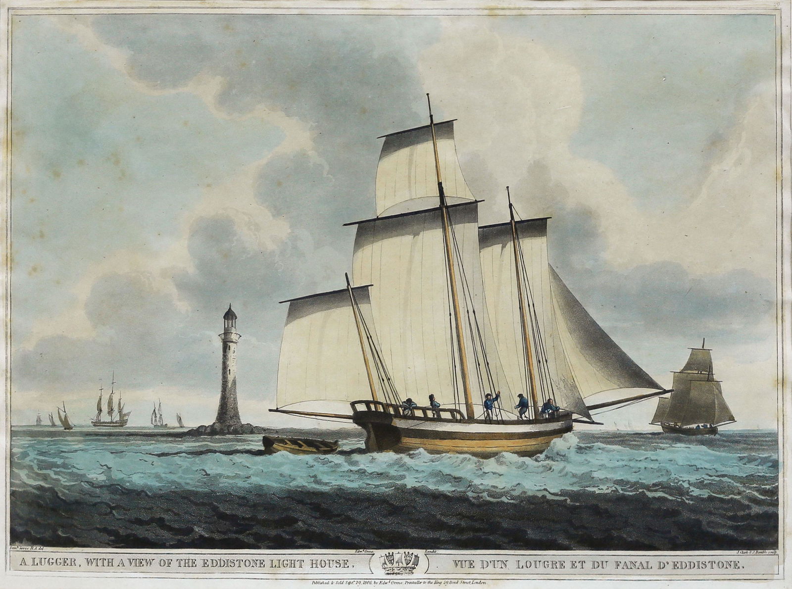 Orme, A Lugger, Eddistone Light House: ORME, Edward (1775-1848), after SERRES, Dominic (1722-1793). A Lugger, With a View of the Eddistone Light House / Vue D'un Lougre et du Fanal D'Eddistone. Aquatint engraving with original hand color.