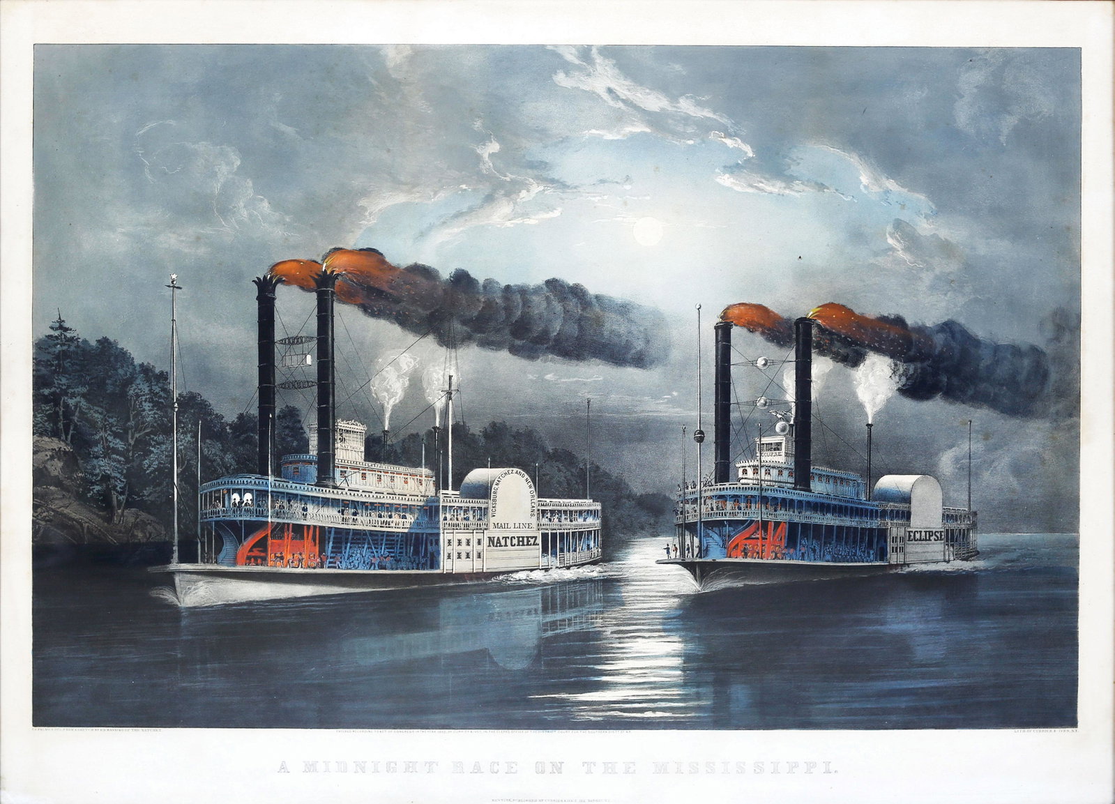 Palmer, Midnight Race on the Mississippi: PALMER, Fanny (1812-1876), after a sketch by MANNING, H. D. A Midnight Race on the Mississippi. Lithograph with original hand color. New York: Currier & Ives, 1860 21 1/2" x 30" sheet, 24 1/2" x 33 1/