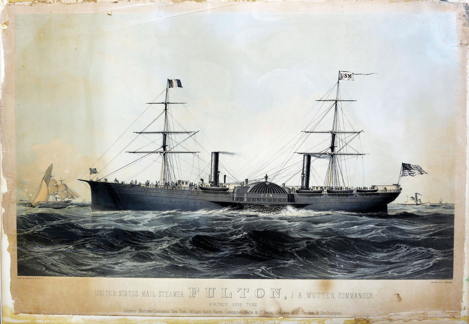 Parsons, Fulton maritime lithograph: PARSONS, Charles (1821-1910). United States Mail Steamer Fulton”, J.A. Wotten, Commander. / Burthen 2300 Tons. Lithograph with original hand color. New York: Endicott & Co., c. 1850. 25" x 36" sheet