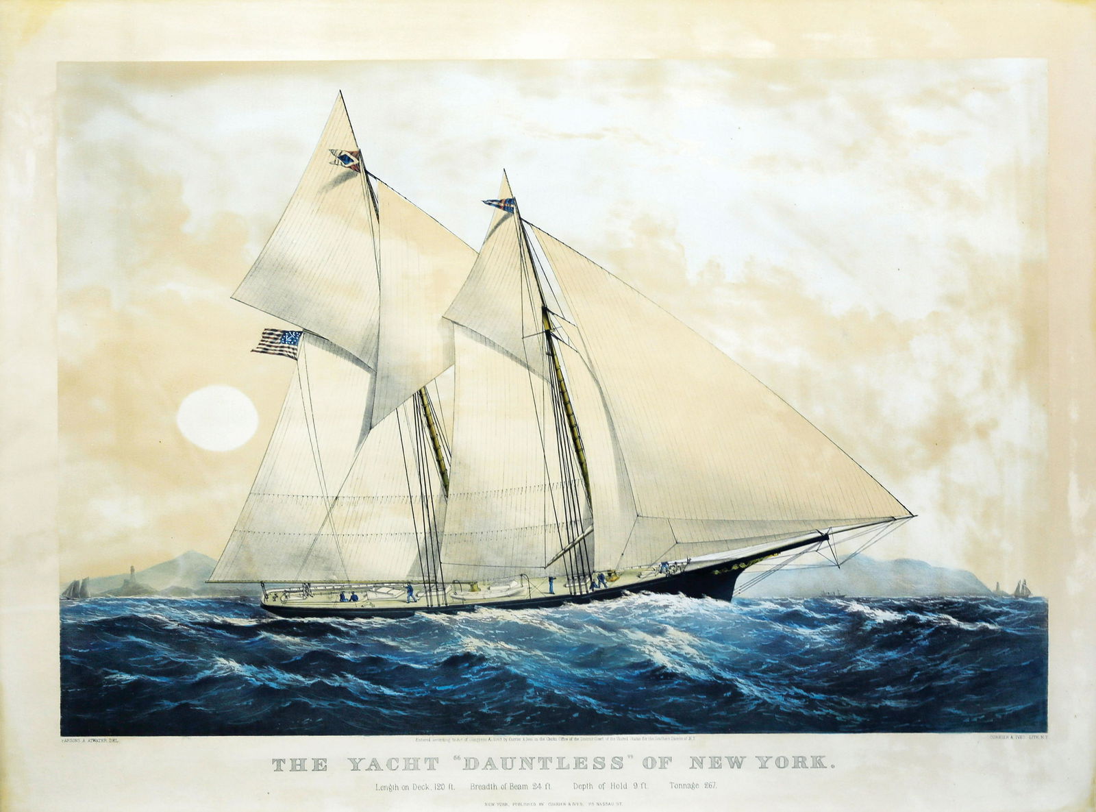Parsons, Dauntless maritime lithograph: PARSONS, Charles (1821-1910) & ATWATER, Lyman (1835-1891). The Yacht "Dauntless" of New York. Lithograph with original hand color. New York: Currier & Ives, 1869. 23 1/2" x 31 1/2" visible, 27 1/4" x
