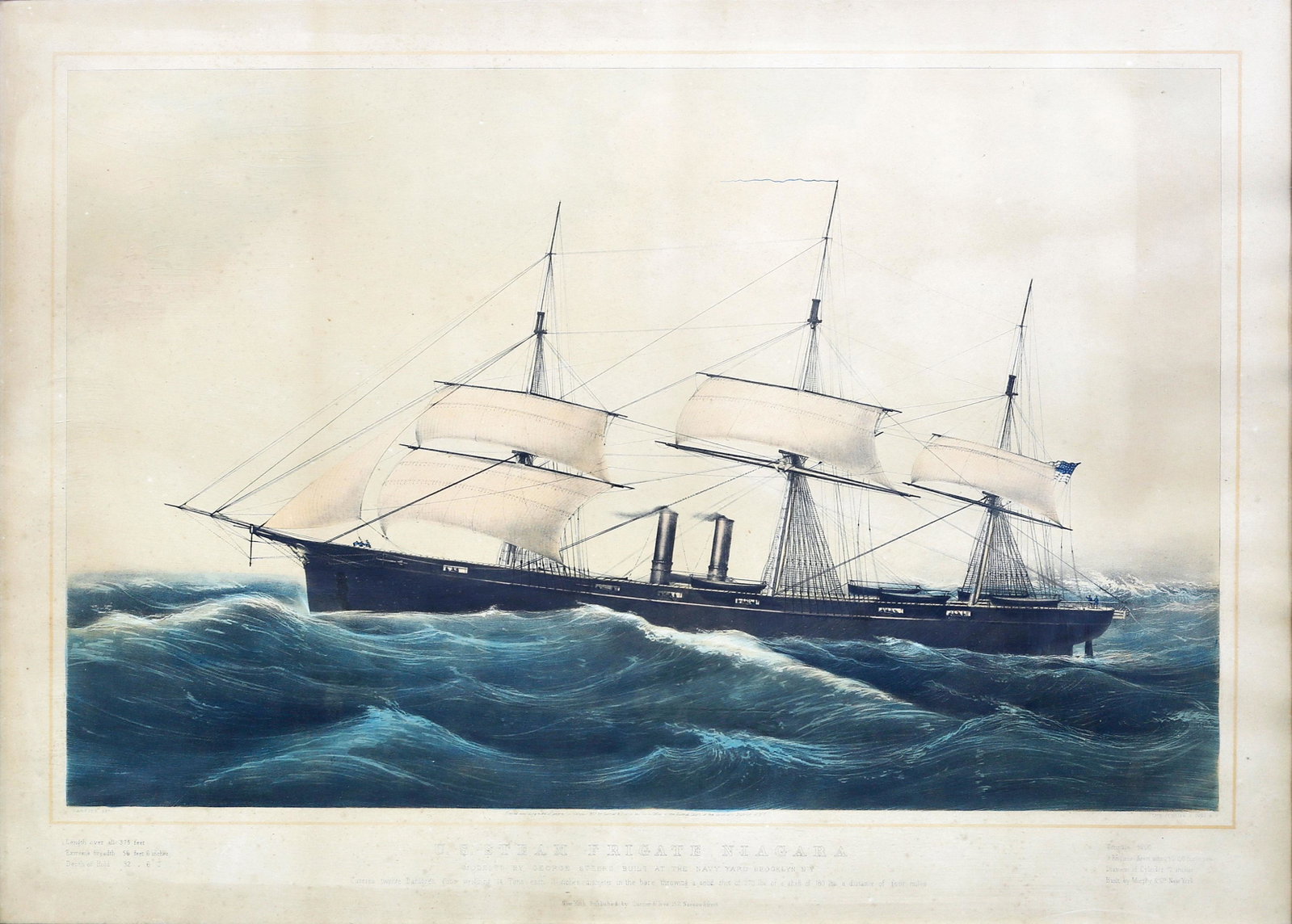 Parsons, Niagara maritime lithograph: PARSONS, Charles (1821-1910). U.S. Steam Frigate Niagara / Modeled by George Steers Built at the Navy Yard Brooklyn NY. Lithograph with original hand color. (Toned). New York: Curier & Ives, 1857. 21 