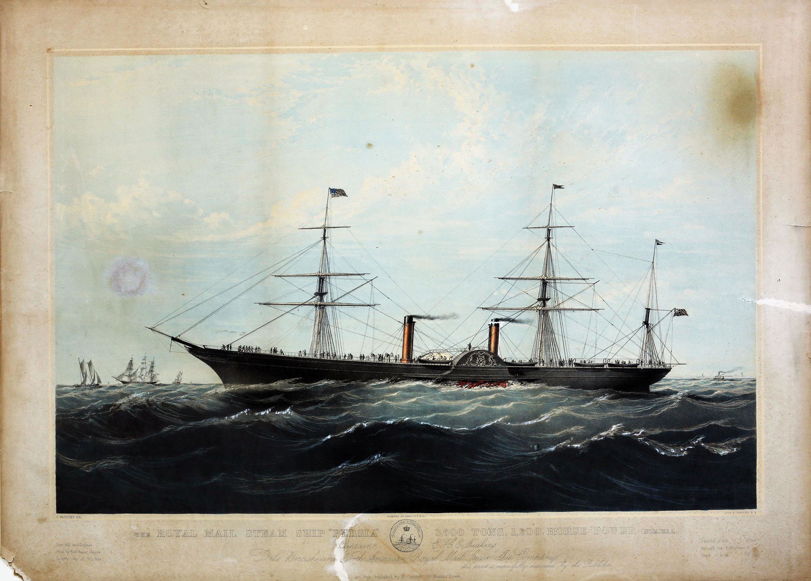 Parsons, Persia maritime lithograph: PARSONS, Charles (1821-1910). The Royal Mail Steam Ship Persia". / 3,600 Tons, 1,200 Horse Power. Lithograph with hand coloring by Endicott & Co. New York: N. Currier, 1856. 20 1/4" x 27 3/4" sheet. P