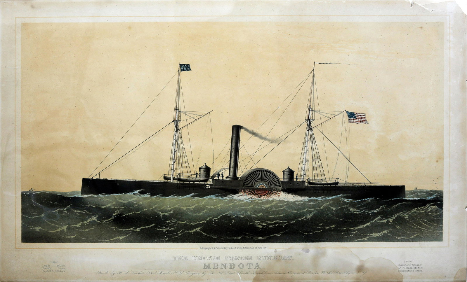 Parsons, Mendota maritime lithograph: PARSONS, Charles (1821-1910). The United States Gunboat "Mendota". Lithograph with original hand color. New York: Endicott & Co., 1863. 20 3/4" x 33" sheet. Provenance: Down Town Association of New Yo