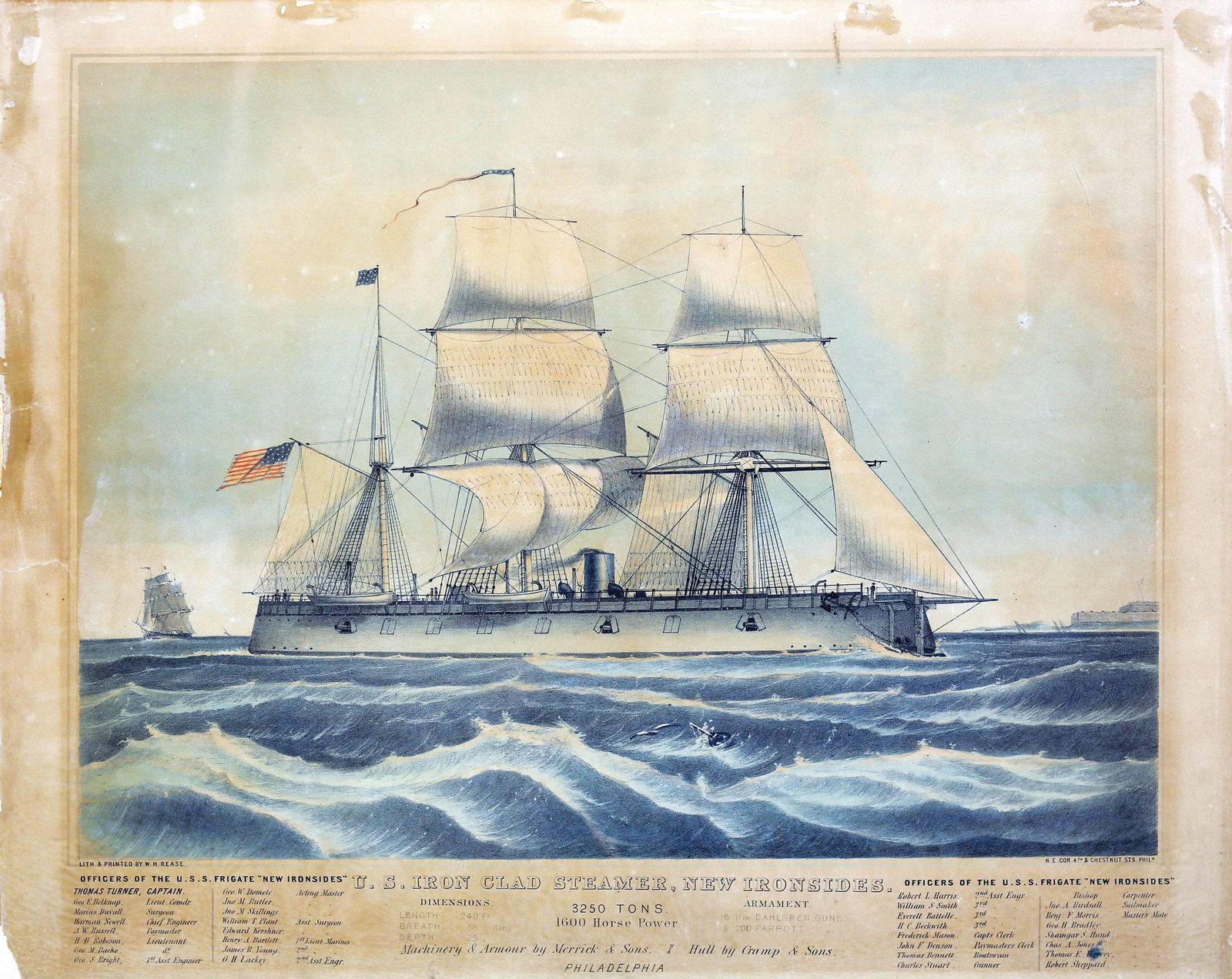 Rease, New Ironsides maritime lithograph: REASE, W. H. (1818-1893). U.S. Iron Clad Steamer, New Ironsides. Tinted Lithograph. Philadelphia: Rease, c. 1862. 19 1/4" 23 3/4" sheet. Last auction record in 1907 (Rarebookhub). The New Ironsides wa