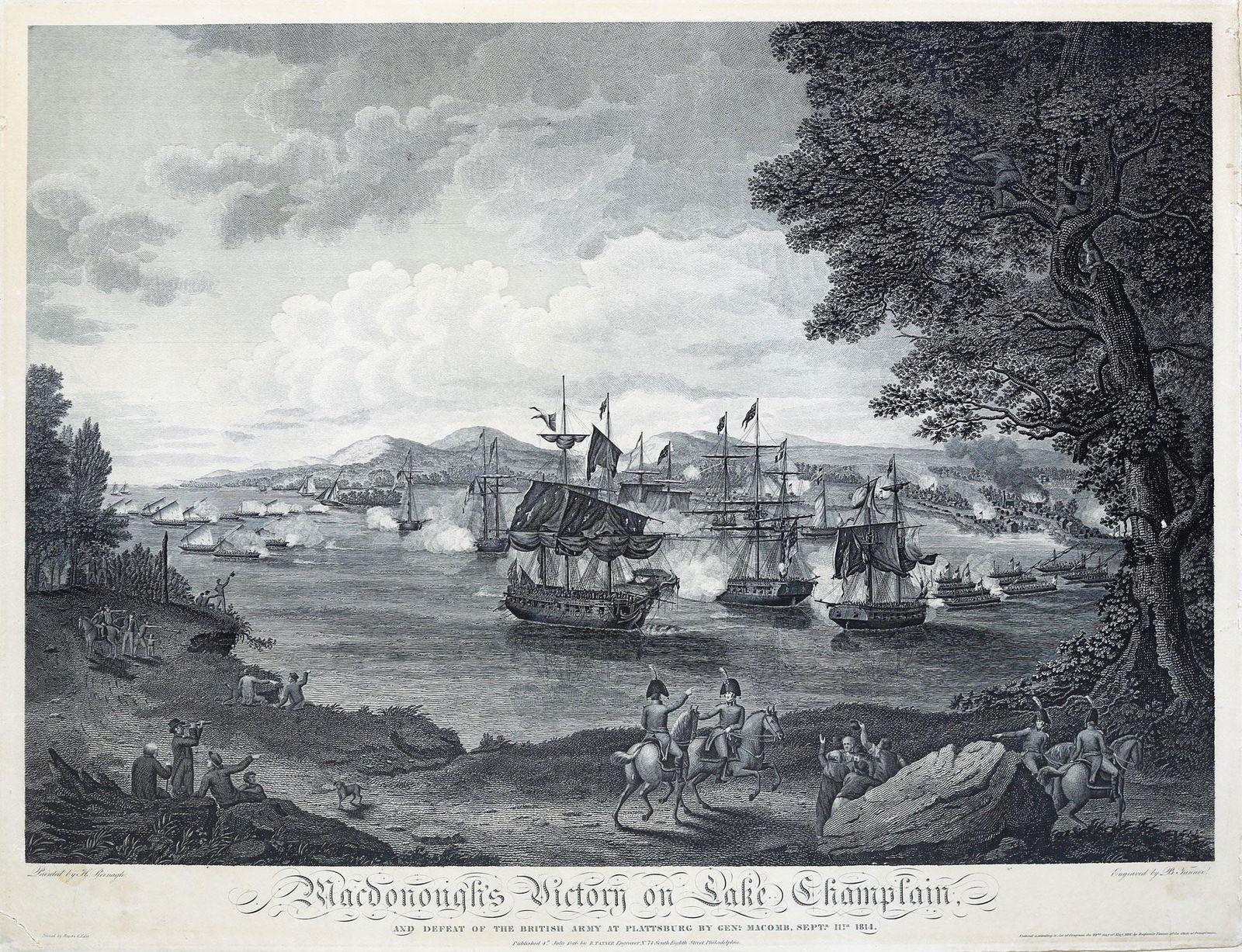 Reinagle, Battle of 1812 naval engraving: REINAGLE, Hugh (1788-1834). Macdonough's Victory on Lake Champlain. Etching and engraving. Philidelphia: B. Tanner, May 22, 1816. 19 1/2" x 25 1/2" sheet. The print shows American Commander Macdonough