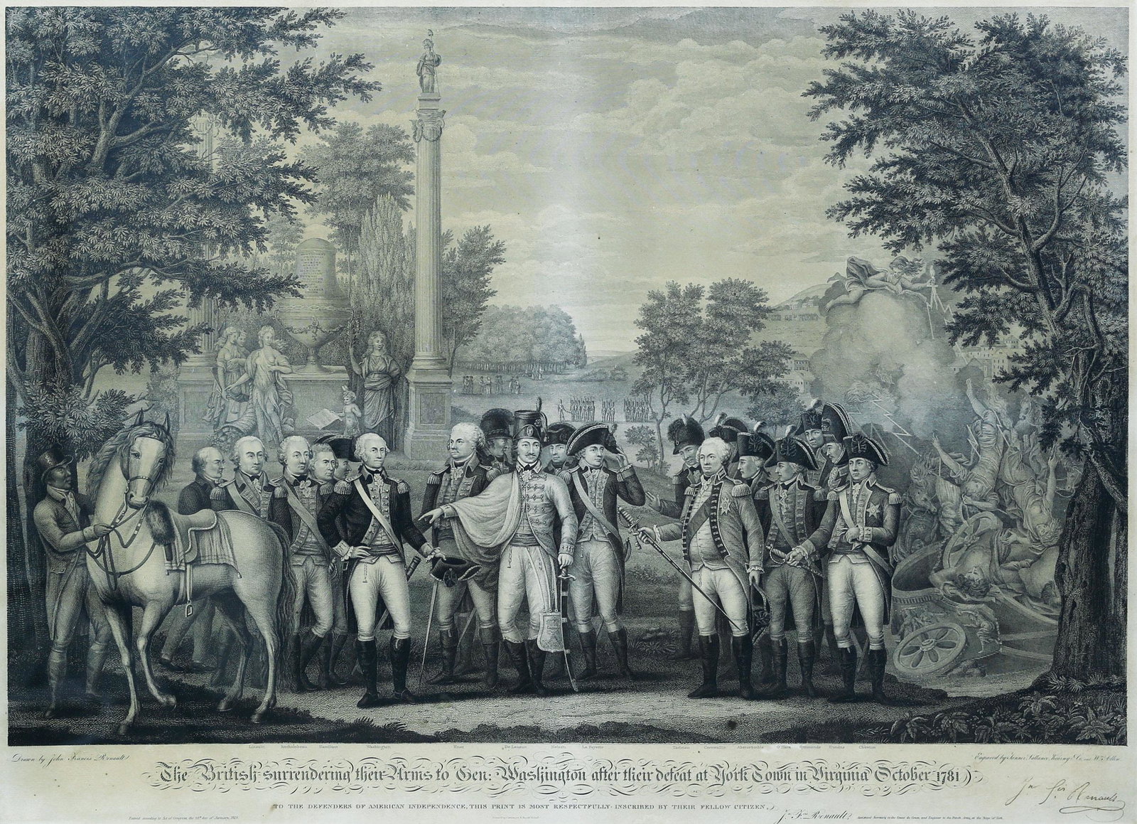 Renault, British Surrender at Yorktown: after RENAULT, J. F. (1781-1815). The British Surrendering their arms to Gen. Washington after their defeat at York Town in Virginia, October 1781. Engraving. Philadelphia: Tanner, Vallance, Kearney &