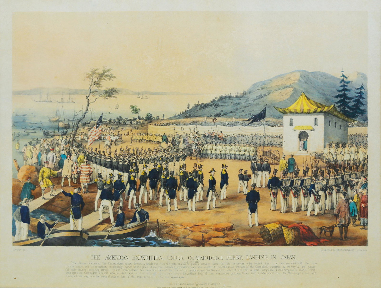 Severyn, Perry Landing in Japan: SEVERYN, Charles (b.1820). The American Expedition Under Commodore Perry, Landing in Japan. Lithograph with original hand color. New York: Appleton, 1853.