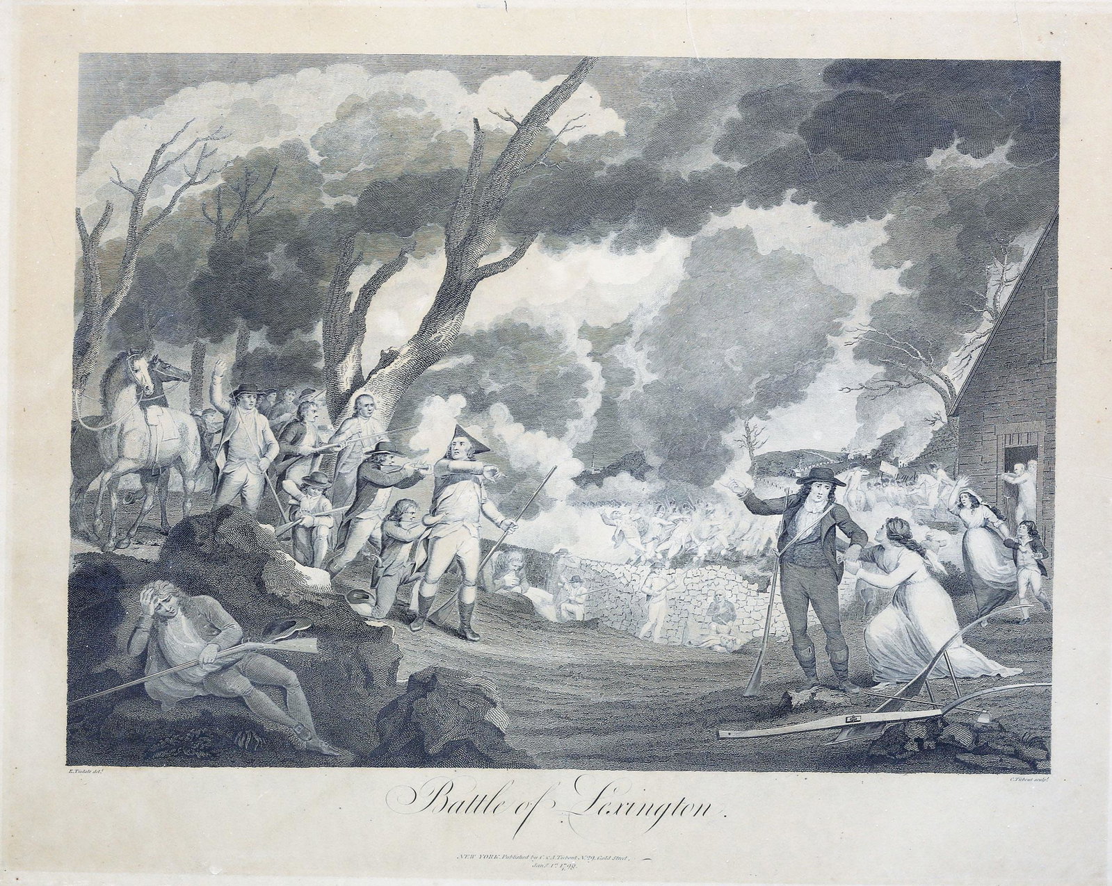 Tisdale, Battle of Lexington engraving: TISDALE, Elkanah. (New York, act. 18th Century). Battle of Lexington. Engraving. New York: C & A Tiebout, January 1, 1798. 20" x 24" sheet. RARE. Last seen in auction in 1927 (Rarebookhub -- Anderson 