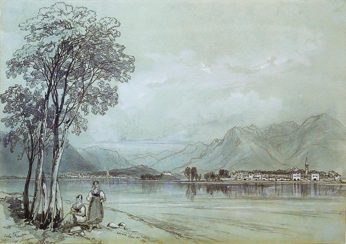 Lear Watercolor of Lake Maggiore: LEAR, Edward (1812-1888). Isola Pescatore, Lago Maggiore. Pencil with White chalk on blue paper. Signed and dated lower center: "Edward Lear del. 1839". 9 3/4" x 13 1/4" sheet, 21 1/2" x 25 1/2" frame