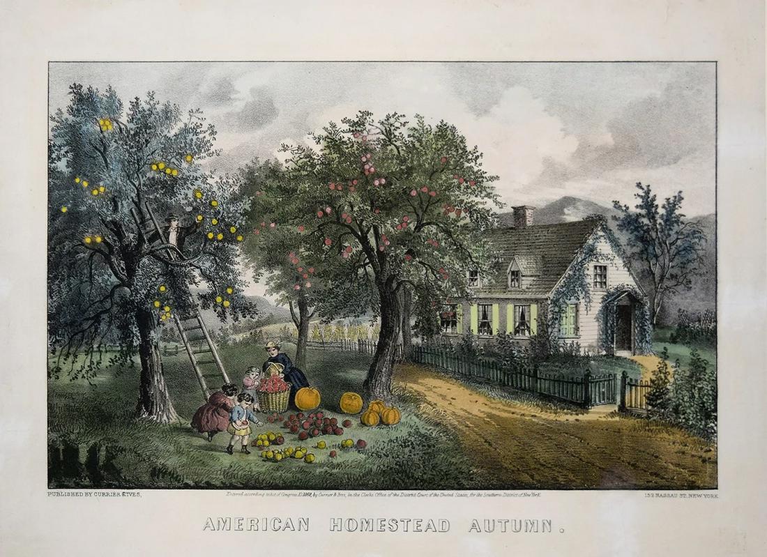 Currier & Ives, American Homestead Autumn: CURRIER, Nathaniel (1813-1888) and IVES, James Merritt (1824-1895).American Homestead Autumn.Lithogrph with original hand color.New York: Currier & Ives, 1869.10 1/2" x 14 1/2" sheet.Gale Number: 0181