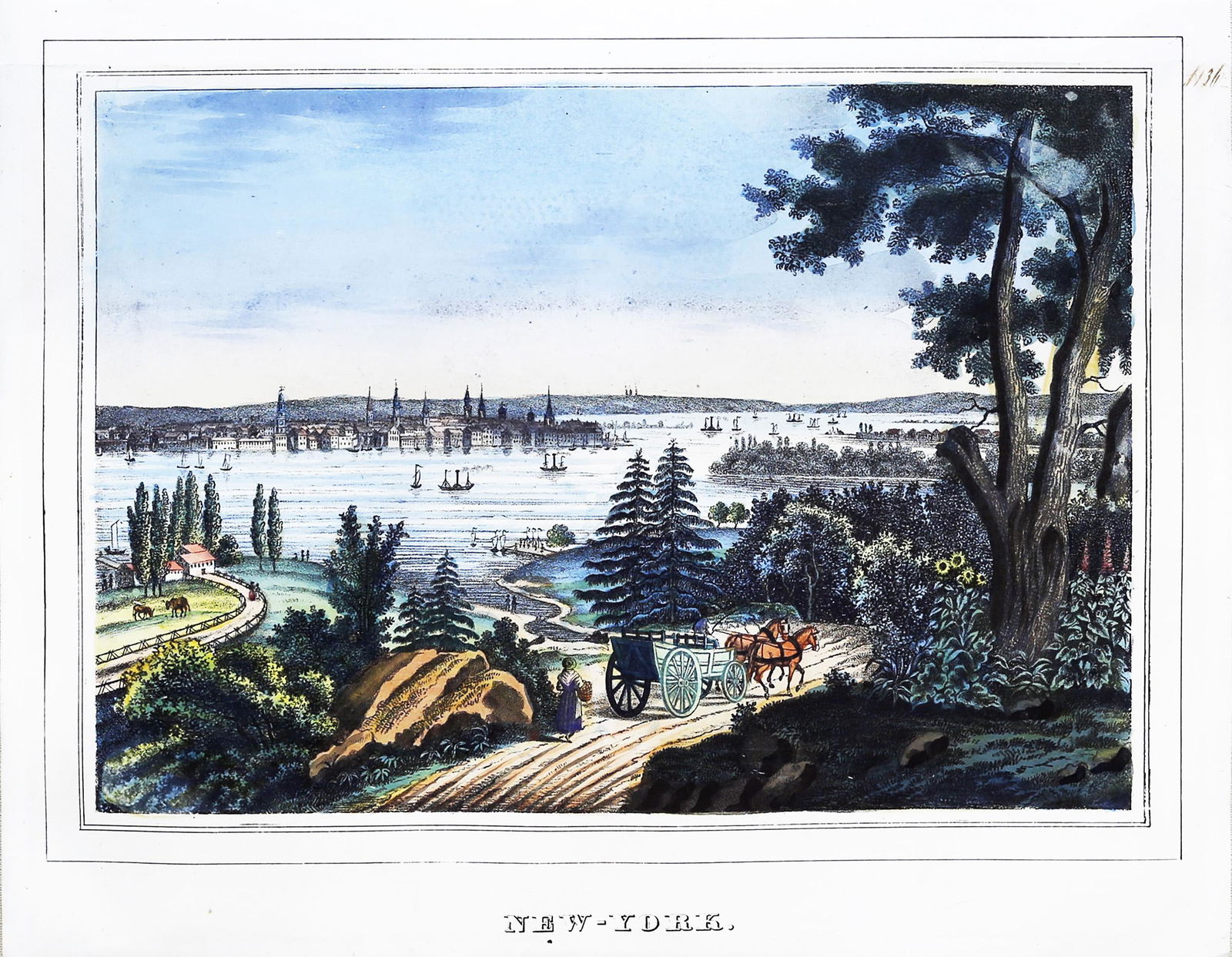 Currier & Ives, New York (From Weehaken): CURRIER, Nathaniel (1813 - 1888) and IVES, James Merritt (1824 - 1895) (Not Marked).New York (From Weehaken).Lithograph with original hand color.C. Mid-19th Century.10" x 13" sheet, 19 1/4" x 22 1/4"