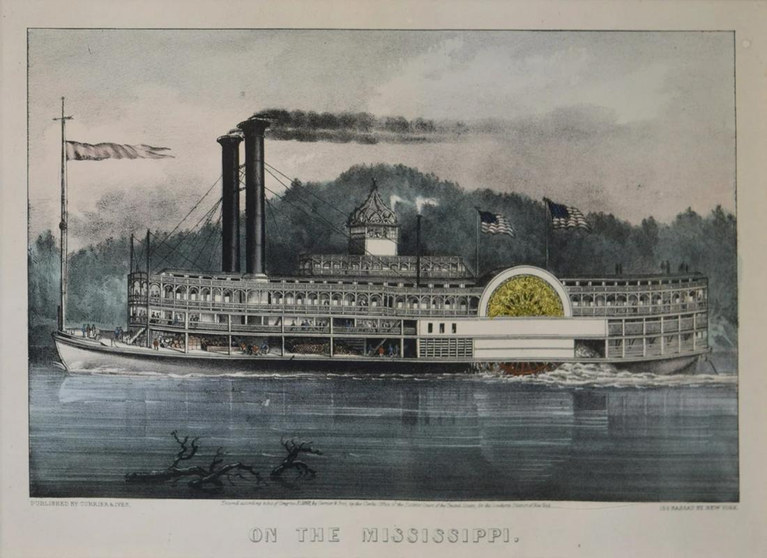 Currier & Ives, On the Mississippi: CURRIER, Nathaniel (1813 - 1888) and IVES, James Merritt (1824 - 1895).On the Mississippi.Lithograph with original hand color.New York: Currier & Ives c. 1869.9 1/2" x 13 1/2" sheet, 19" x 23 1/4" fra