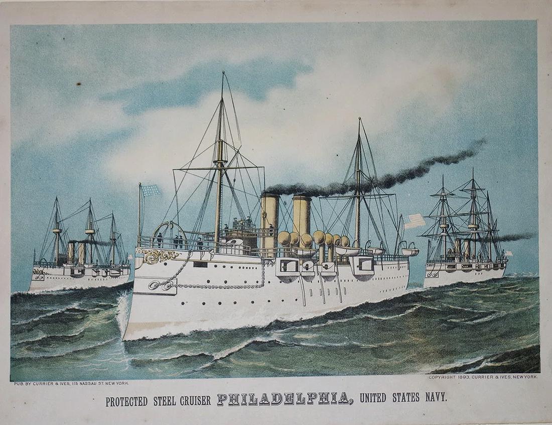 Currier & Ives, Protected Steel Cruiser Philadelphia: CURRIER, Nathaniel (1813 - 1888) and IVES, James Merritt (1824 - 1895).Protected Steel Cruiser Philadelphia, United States Navy.Lithograph with original hand color.New York: Currier & Ives c. 1893.10