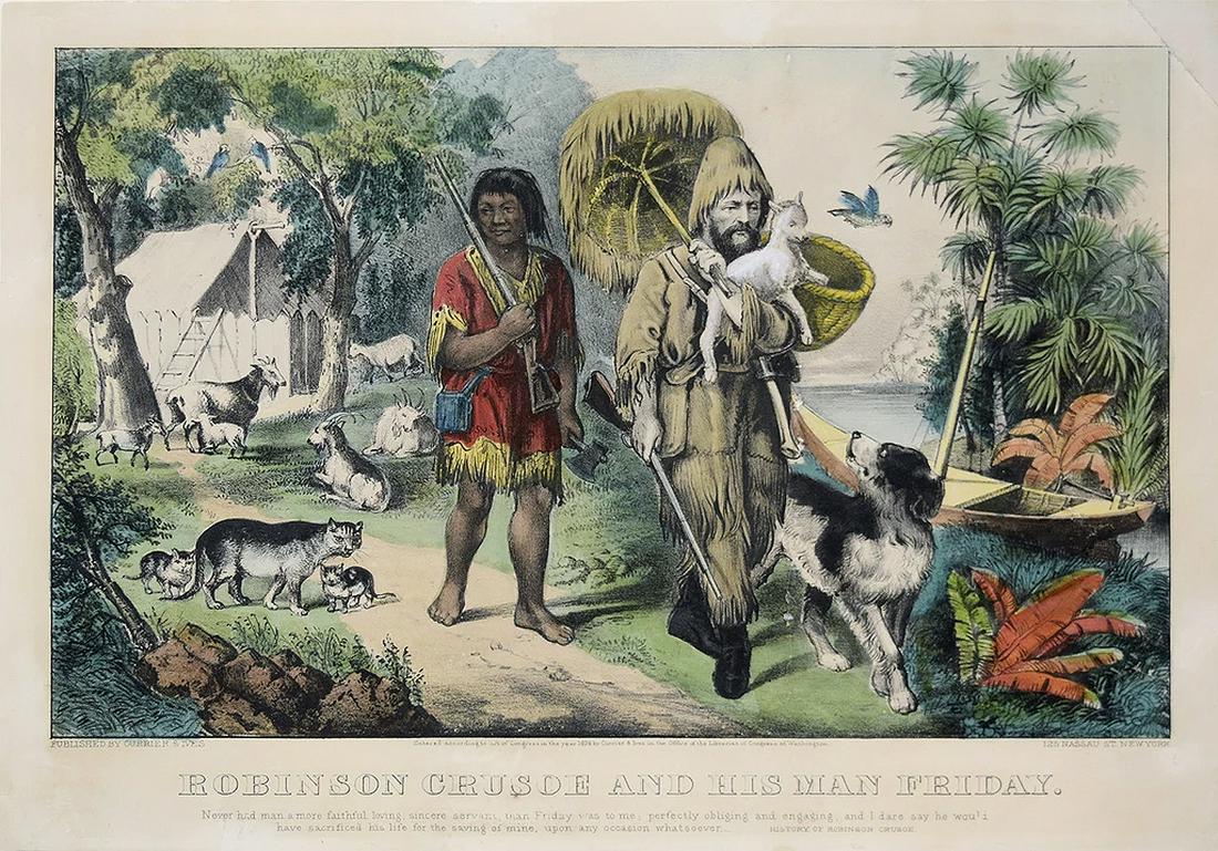 Currier & Ives, Robinson Crusoe and His Man Friday: CURRIER, Nathaniel (1813 - 1888) and IVES, James Merritt (1824 - 1895).Robinson Crusoe and His Man Friday.Lithograph with original hand color.New York: Currier & Ives c. 1874.10 3/4" x 13 5/8" sheet.G