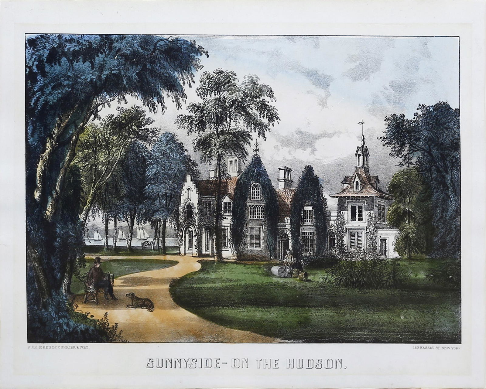 Currier & Ives, Sunnyside on the Hudson: CURRIER, Nathaniel (1813 - 1888) and IVES, James Merritt (1824 - 1895).Sunnyside on the Hudson.Lithograph with original hand color. New York: Currier & Ives. 10" x 14" sheet.Gale Number: 6357.