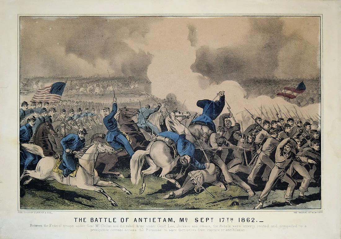 Currier & Ives, The Battle of Antietam, MD: CURRIER, Nathaniel (1813 - 1888) and IVES, James Merritt (1824 - 1895).The Battle of Antietam, MD. Sept 17th 1862 (Maryland).Lithograph with original hand color.New York: Currier & Ives, 1862 - 63.9 3