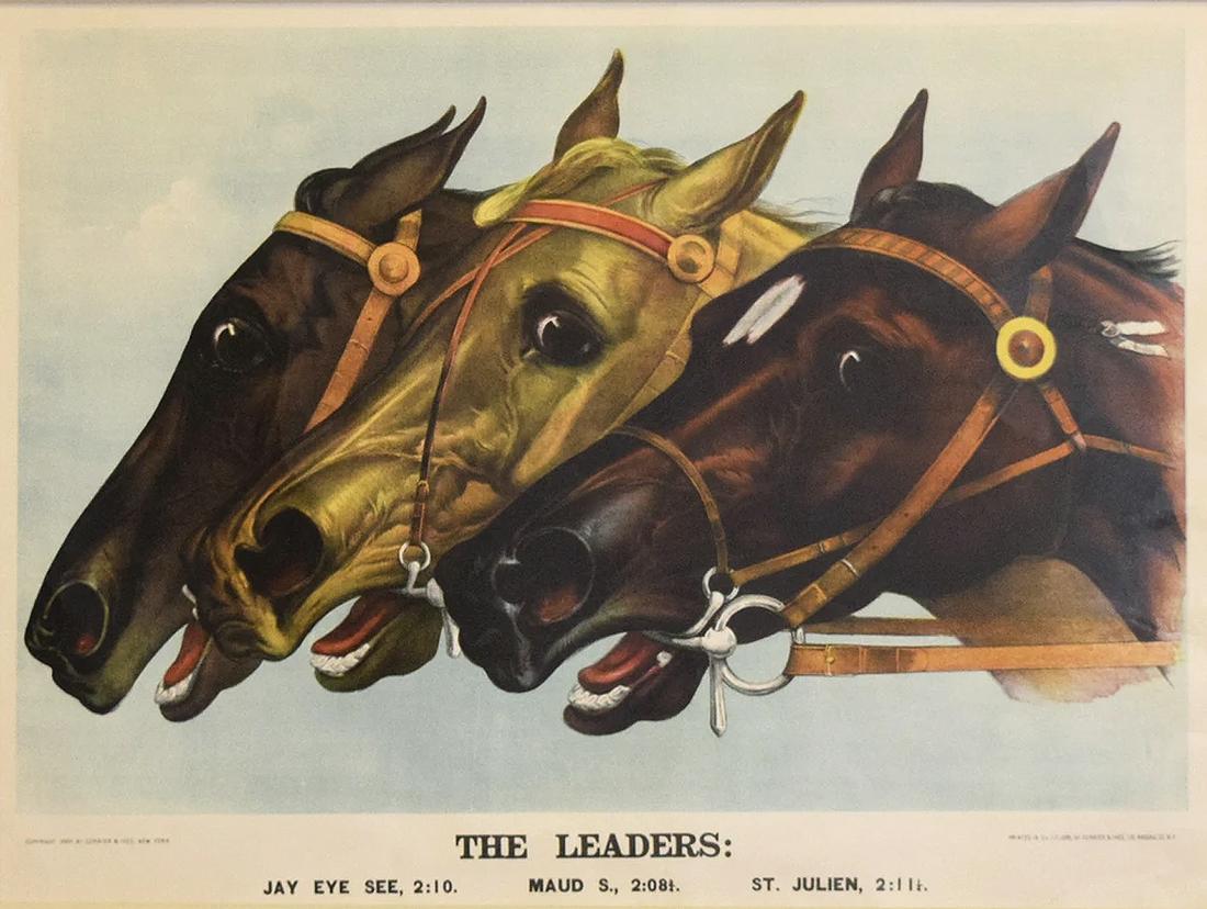 Currier & Ives, The Leaders. Jay Eye See, Maud S. and: CURRIER, Nathaniel (1813 - 1888) and IVES, James Merritt (1824 - 1895).The Leaders. Jay Eye See, Maud S. and St. Julien.Lithograph with original hand color.New York: Currier & Ives, 1888.20 1/2" x 28