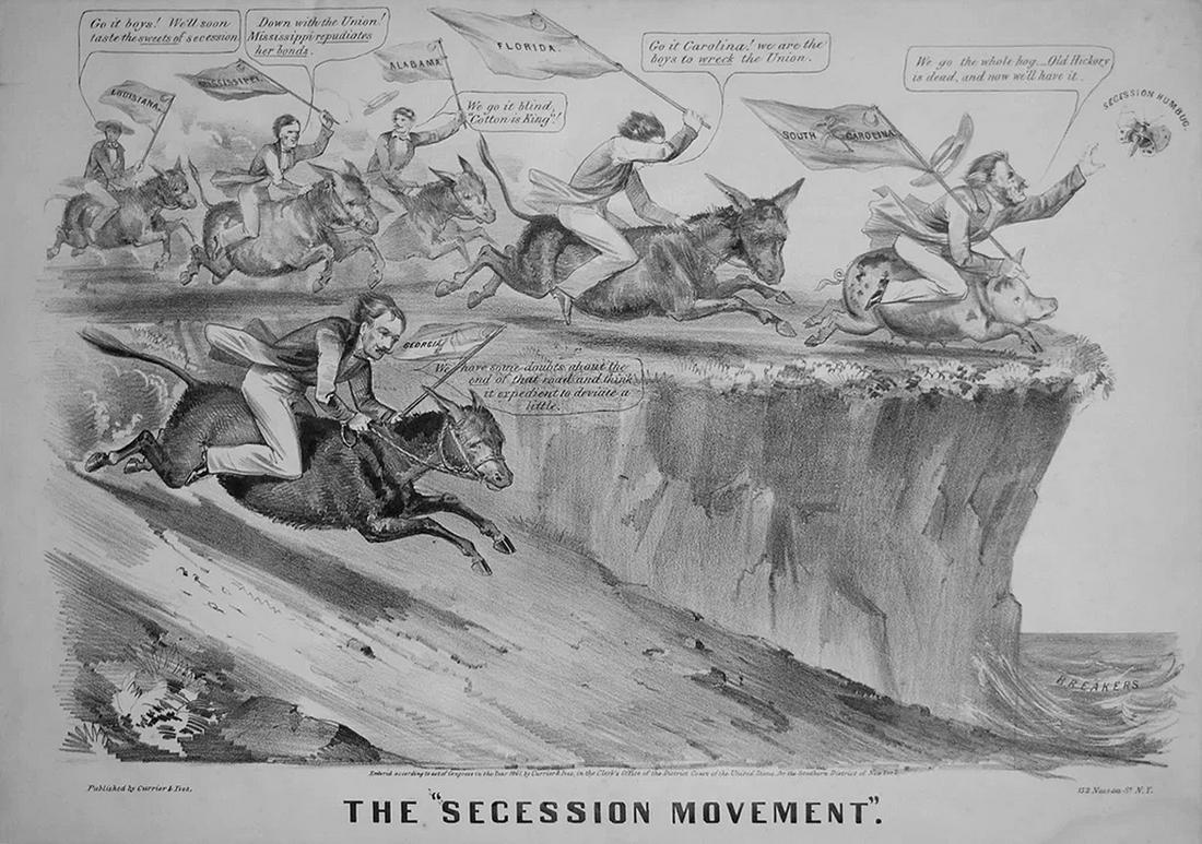Currier & Ives, The Secession Movement.: CURRIER, Nathaniel (1813 - 1888) and IVES, James Merritt (1824 - 1895).The Secession Movement.Lithograph with original hand color.New York: Currier & Ives, 1861.12" x 17" sheet.Gale Number: 5847.