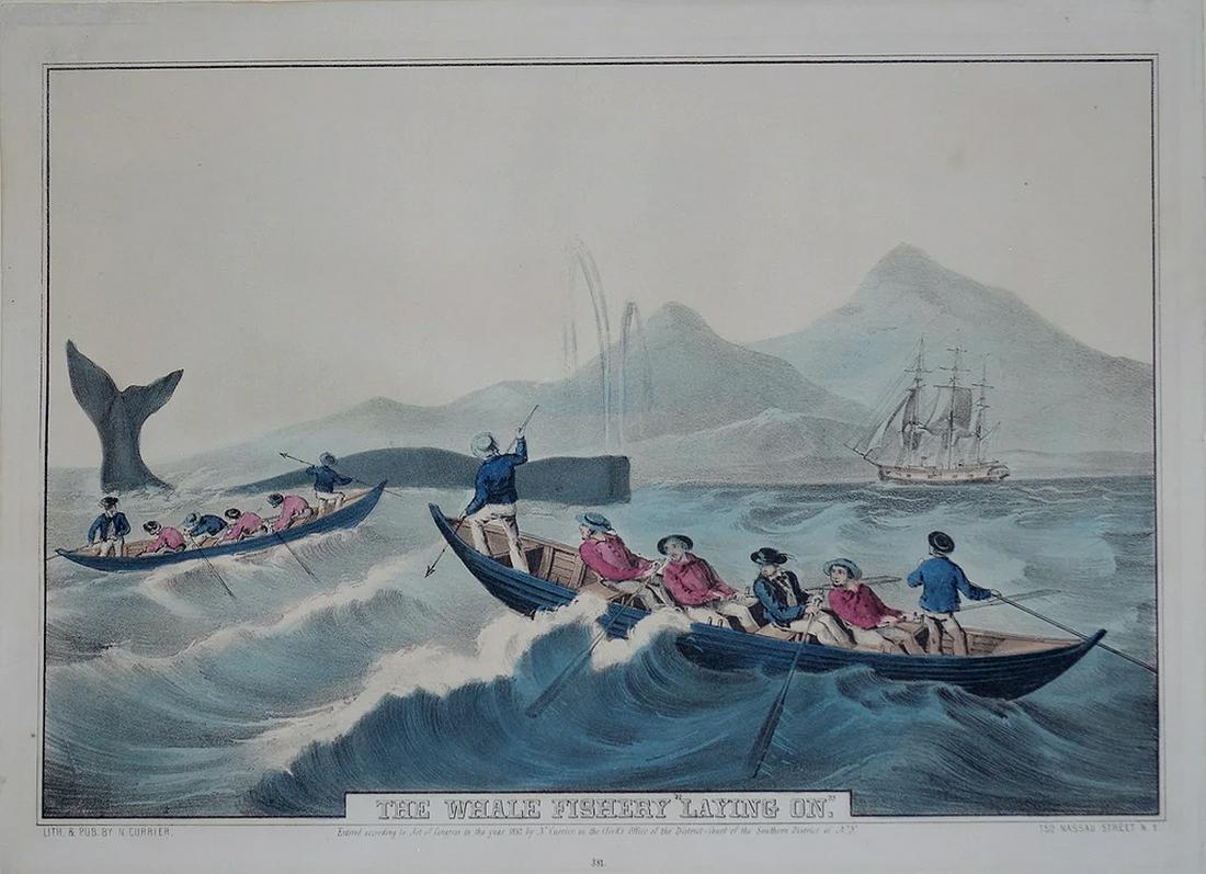 Currier, The Whale Fishery "Laying On": CURRIER, Nathaniel (1813 - 1888).The Whale Fishery "Laying On".Lithograph with original hand color.New York: Nathaniel Currier, 1852.9 1/2" x 13 1/2" visible, 16 3/4" x 30 3/4" framed.Gale Number: 716