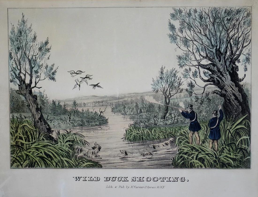 Currier & Ives, Wild Duck Shooting.: CURRIER, Nathaniel (1813 - 1888) and IVES, James Merritt (1824 - 1895).Wild Duck Shooting.Lithograph with original hand color.New York: Currier & Ives.8 7/8" x 12 1/2" sheet.Gale Number: 7211.