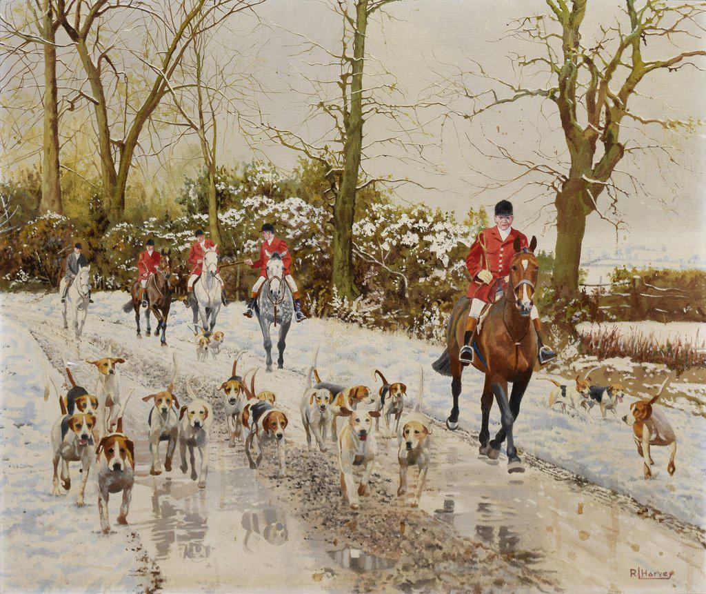 Harvey Pair of Sporting Oils: HARVEY, R. L. (Early 20th Century). A Pair of paintings: Setting off on a Winter's Day & On a Lane in Winter. Oil on canvas. Signed: R L Harvey. Each: 20" x 24" canvas, 25" x 29" framed.