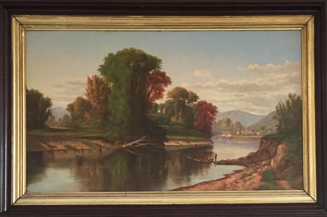 Duncanson Oil of the Ohio River Valley: DUNCANSON, Robert S. (1821-1872). Ohio River Valley Landscape. Oil on canvas, unsigned. 28 1/2" x 52 1/8" canvas, 38" x 61 1/2" framed. Provenance: Descended in the Williams family of Cincinnati, Ohio