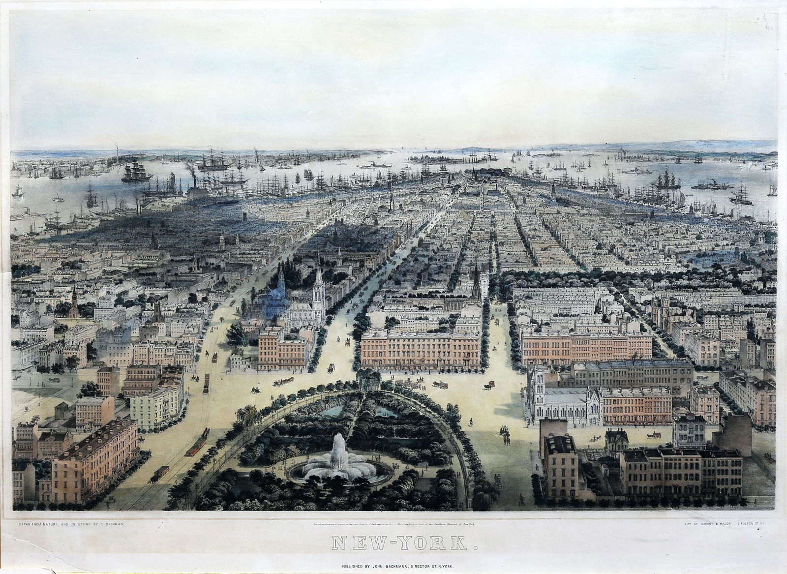 Bachmann view of New York: BACHMANN, John (1814-1896). New-York. Lithograph with original hand color. New York: John Bachmann, 1849. 21" x 26 1/2" sheet, 31" x 36 1/2" framed. A Fine View of Lower Manhattan, Looking south from