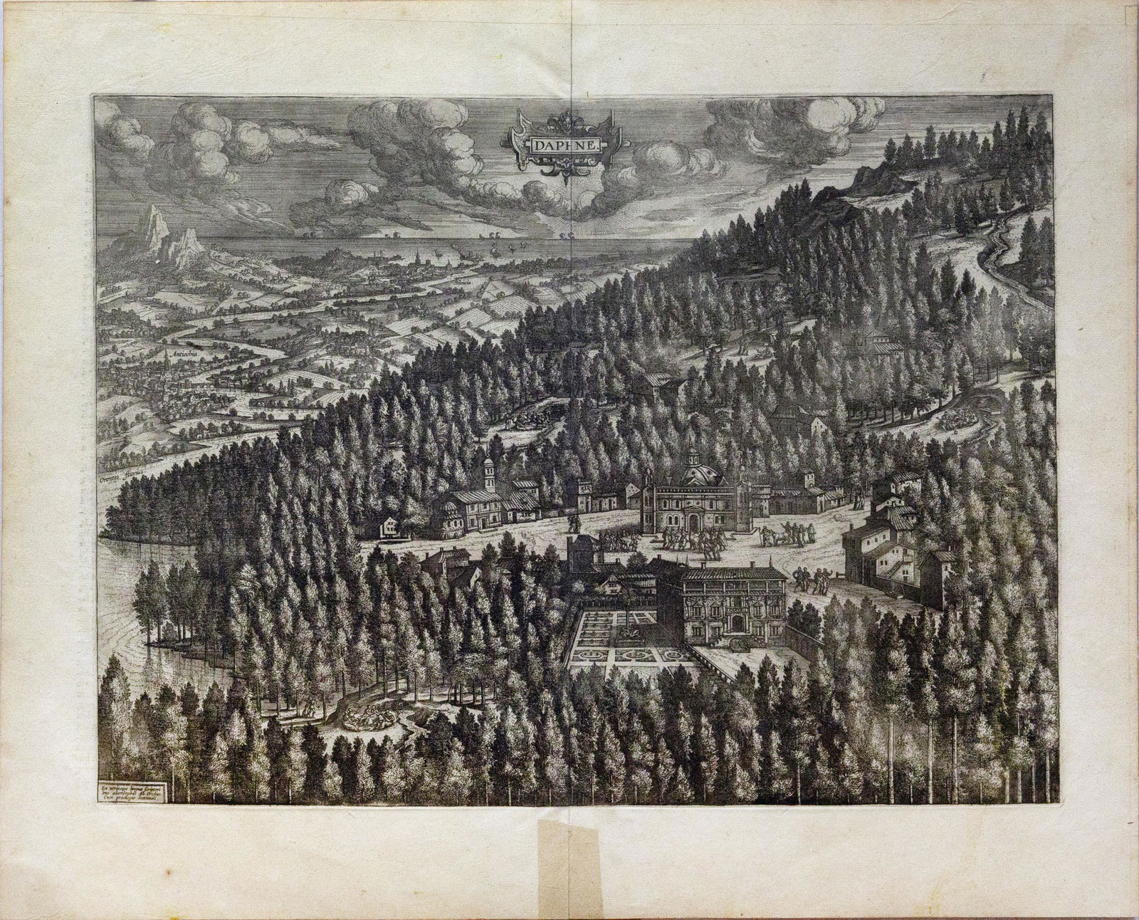 Ortelius City View of Daphne in Anticoch (Suburb of: [Asia] ORTELIUS, Abraham (1527-1598). Daphne, Antiochiae Suburbium [Besiktas in Instanbul, Turkey]. Engraving. Antwerp, c. 1590. 18 5/8" x 22 1/2" sheet. Unusual Artistic View of the Paradise of Daphn