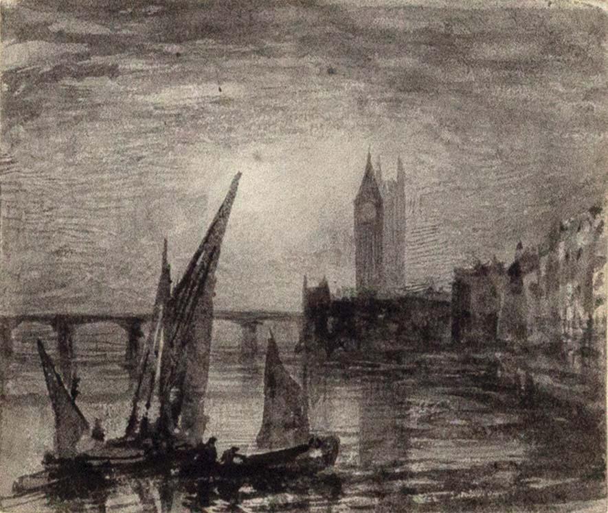 Richmond Original Drawing of the Thames at Westminster: [Naval Drawing] RICHMOND, Sir William Blake, R. A. (1842-1921). Moonlight on the Thames at Westminster (recto); and Study of a Bird's Skull (verso). Black and gray wash on paper (recto); and ink on pa
