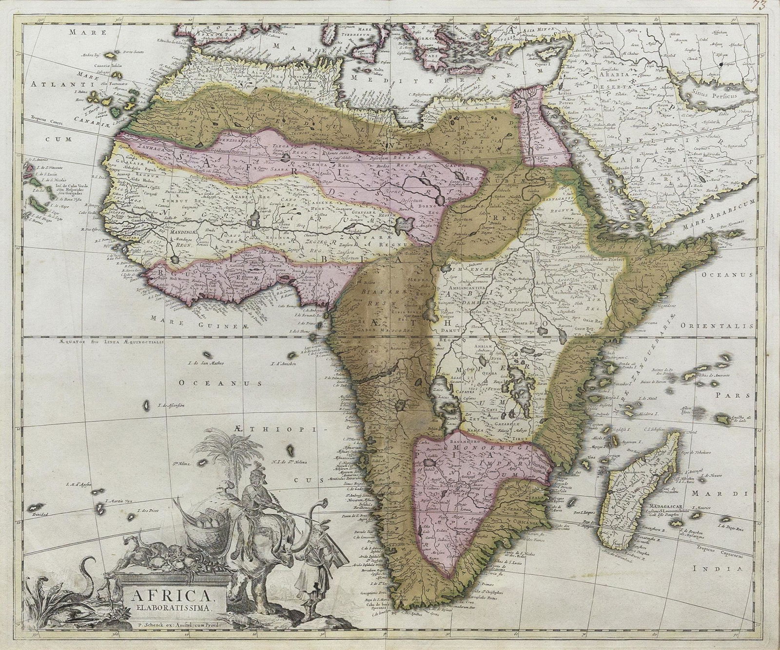 Schenk Map of Africa: SCHENK, Pieter (1660-1711). Africa Elaboratissima. Engraved map with original hand color in part. Amsterdam, c. 1703-1709. 19 1/4" x 23 1/2" visible, 29" x 32" framed. Comparable: Old World Auctions,