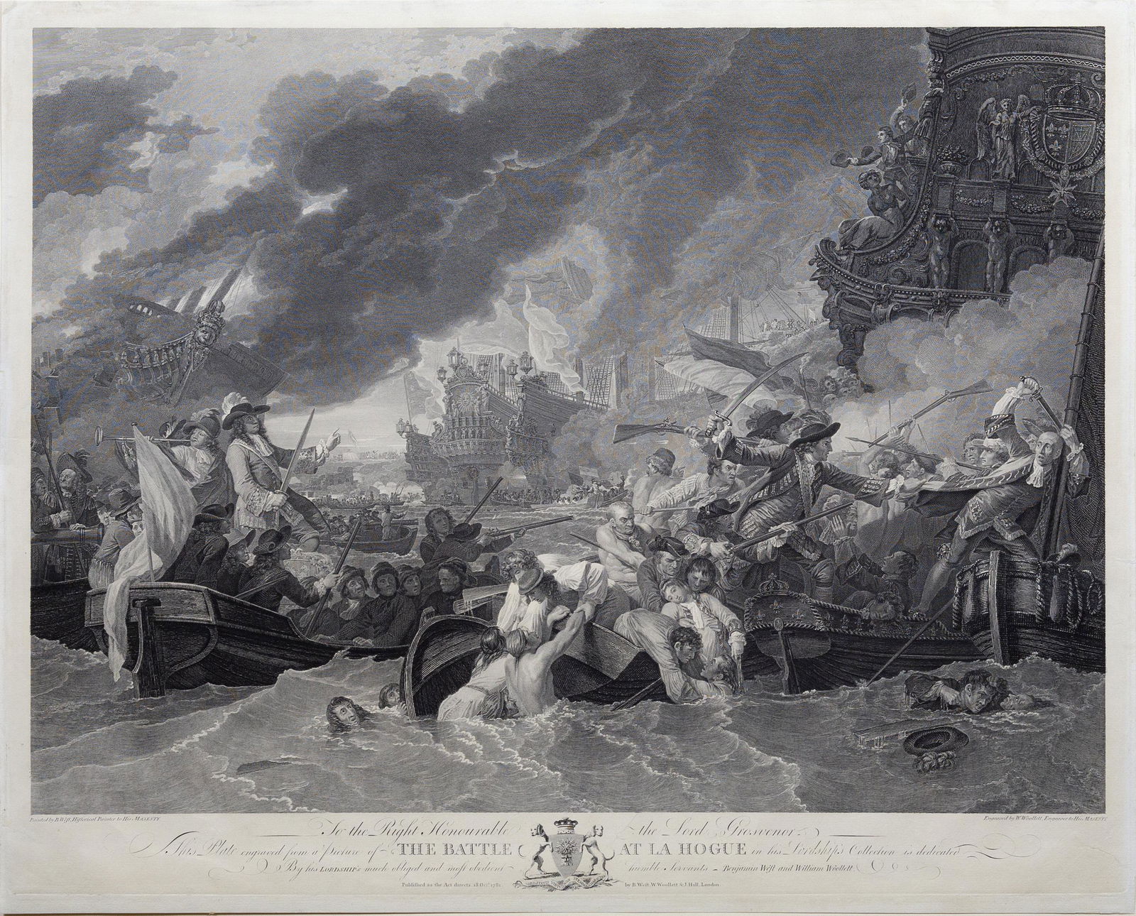 Woollett View of the Battle of La Hogue, 1781: WOOLLETT, William Woollett (1735-1785) after Benjamin West (1738-1820). The Battle at La Hogue. Engraving. B. West, W. Woollett & J. Hall, 1781. 19 1/2" x 24 1/2" sheet. Depicting the 1691 engagement