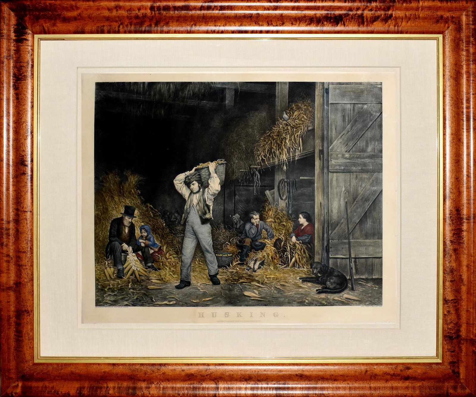 Currier & Ives - Husking.: CURRIER, Nathaniel (1813 - 1888) and IVES, James Merritt (1824 - 1895), after Eastman Johnson and on stone by C. Severin. Husking. Lithograph with original hand color. New York: Currier & Ives, 1861.