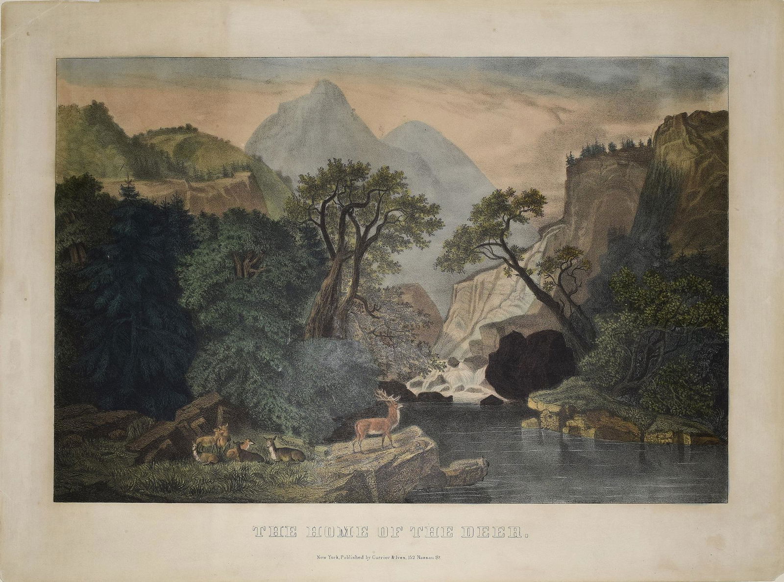 Currier & Ives - The Home of the Deer Morning.: CURRIER, Nathaniel (1813-1888) & IVES, James (1824-1895). The Home of the Deer. Lithograph with original hand color. New York: Currier & Ives. 12 7/8" x 18" sheet.
