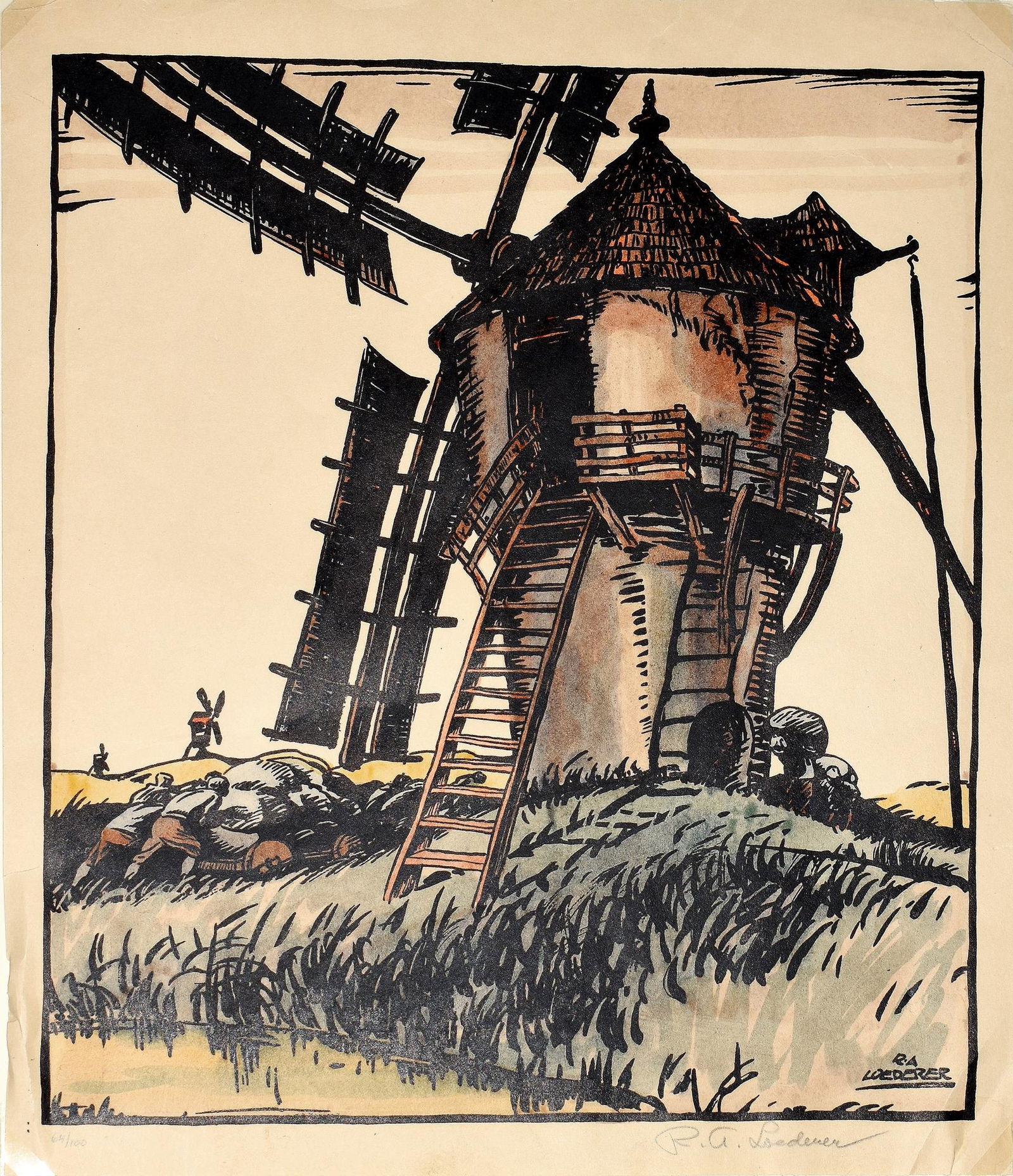 R. A. Loederer - Windmill: LOEDERER, R.A. (Austrian/American, b. 1894). Windmill. Signed Lower right in pencil and printed Edition of 100, #64, n.d. 13 3/8" x 11 1/2” sheet.