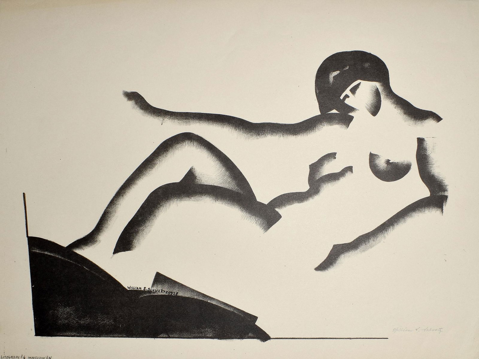 William S. Schwartz - No. 6 Nude: SCHWARTZ, William Samuel (1896-1977). No. 6 Nude. Lithograph on wove paper. Signed within the stone, "William S. Schwartz 1928". In pencil lower left, â€œLithograph #6, Impression #4”, and l