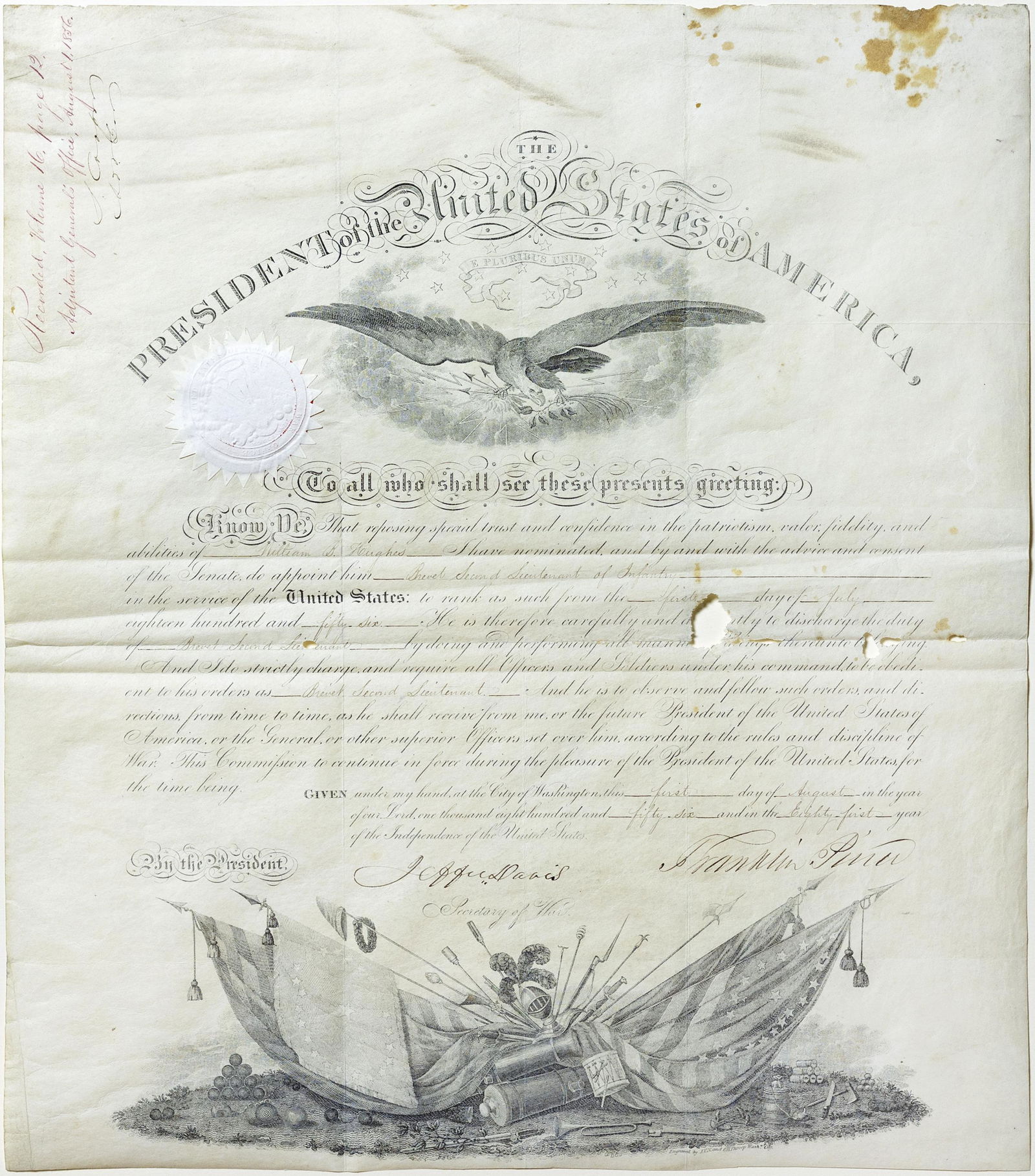 War Office Promotion signed by President Pierce and Jefferson Davis (1 of 1)