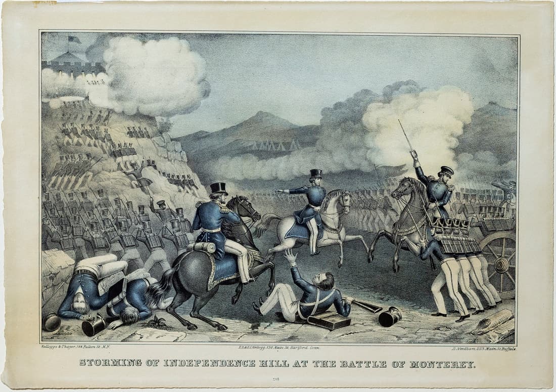Kellogg & Co lithograph, Storming of Independence Hill at the Battle of Monterey: KELLOGG & Co (19th Century). Storming of Independence Hill at the Battle of Monterey. Lithograph. Hartford, CT., c. 1846. 9 7/8" x 14" sheet.