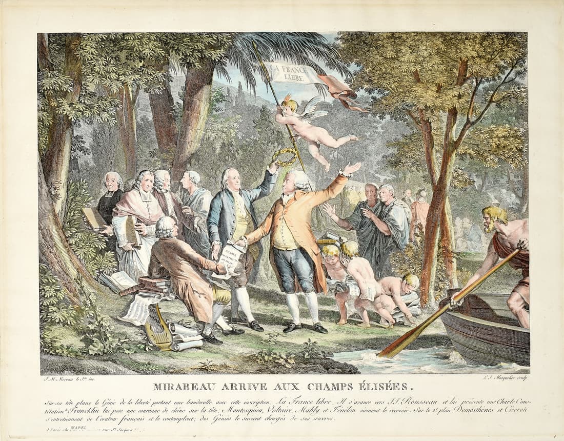Masquelier after Moreau, Champs-Elisees Engraving: MASQUELIER, Louis-Joseph (French, 1741-1811), after MOREAU, Jean-Michel - the Younger (French, 1741-1814). Mirabeau arrive aux Champs-Ã‰lisÃ©es. Engraving. Paris, 1791. 11 3/4" x 15" sheet.